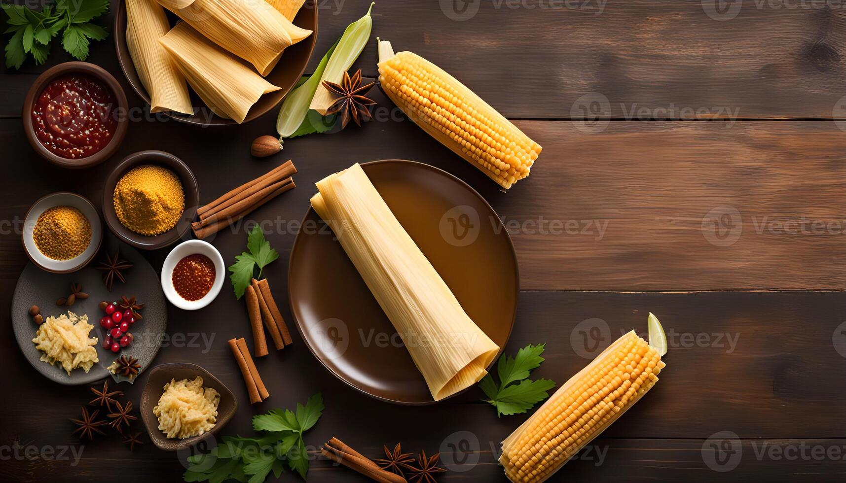 Corn Husks, Spices, and Corn on the Cob photo