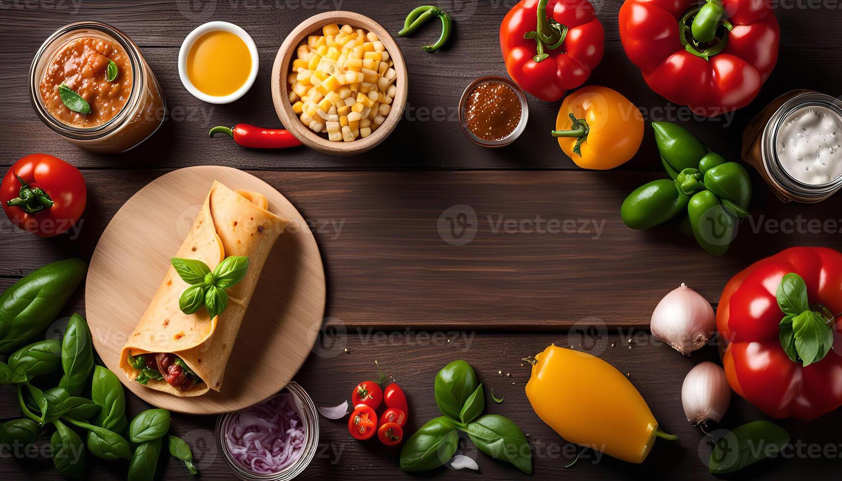 Burrito with Fresh Ingredients on Rustic Wooden Table photo