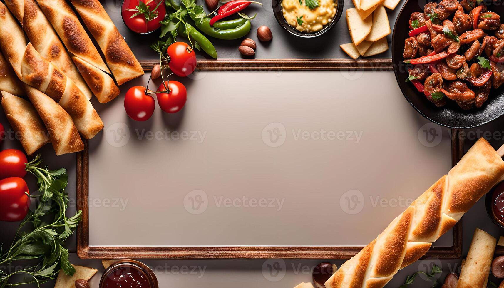 Food Frame with Bread, Tomatoes and Chili Peppers photo