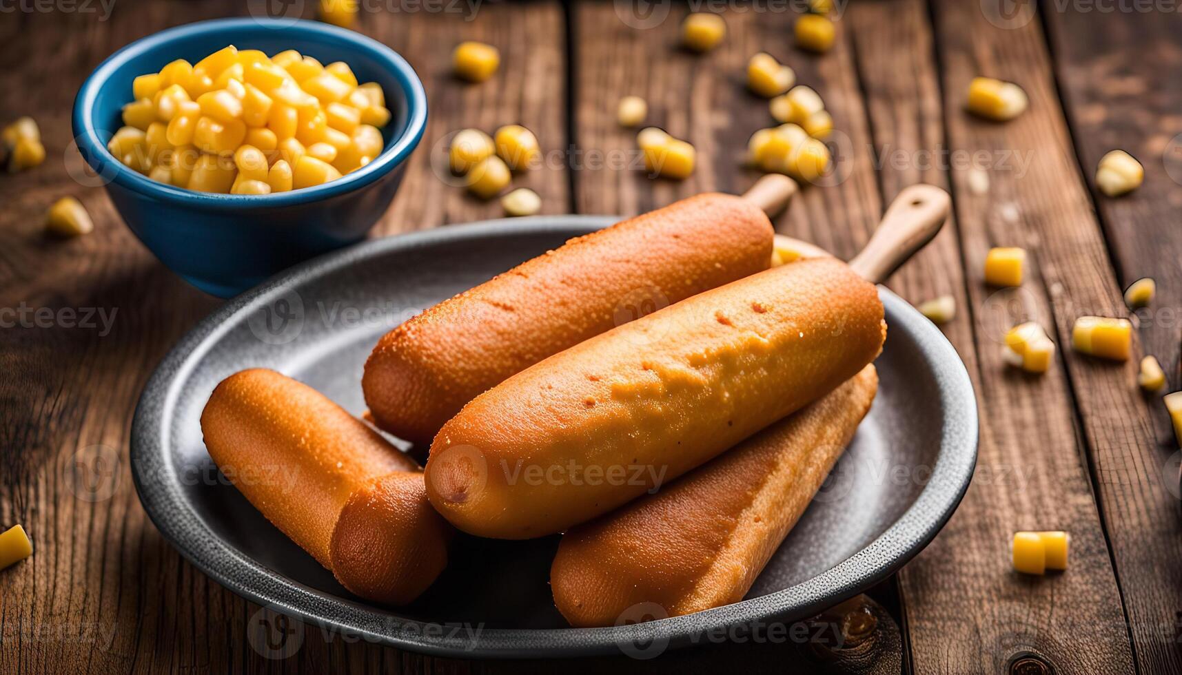 Corn Dogs on Wooden Table photo