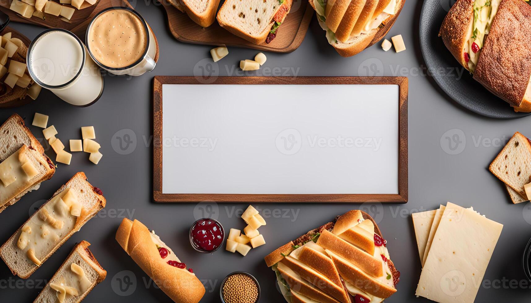 Delicious Sandwiches, Cheese, and Coffee on a Gray Surface photo
