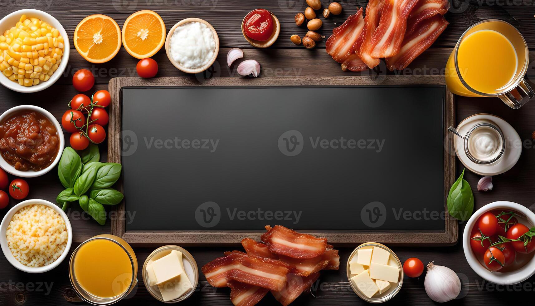 Delicious Breakfast Ingredients with Chalkboard photo