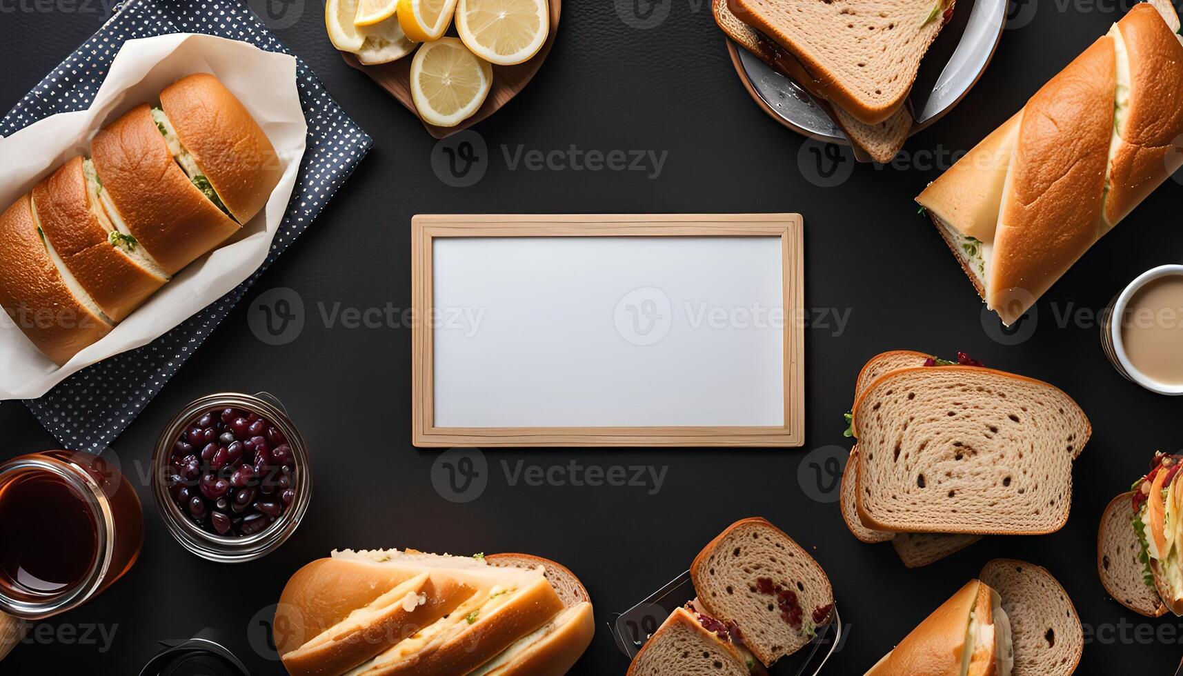 Flat lay of Sandwiches and a Blank Frame photo