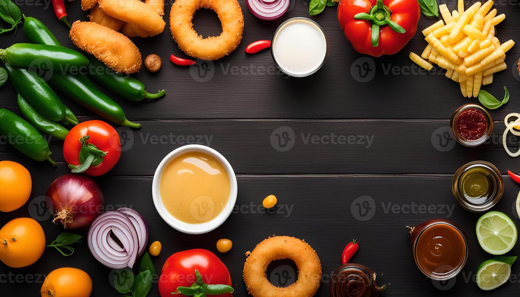 Delicious Food Arrangement on a Dark Wooden Table photo