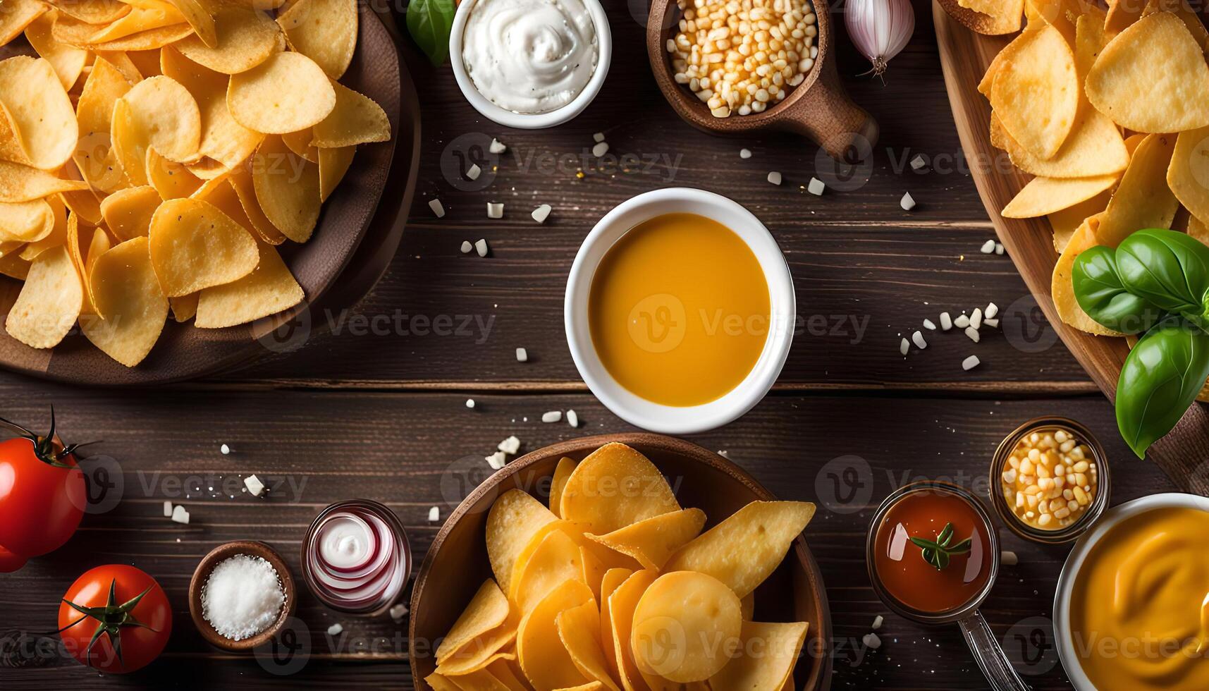 A Variety of Dips and Chips on a Wooden Table photo