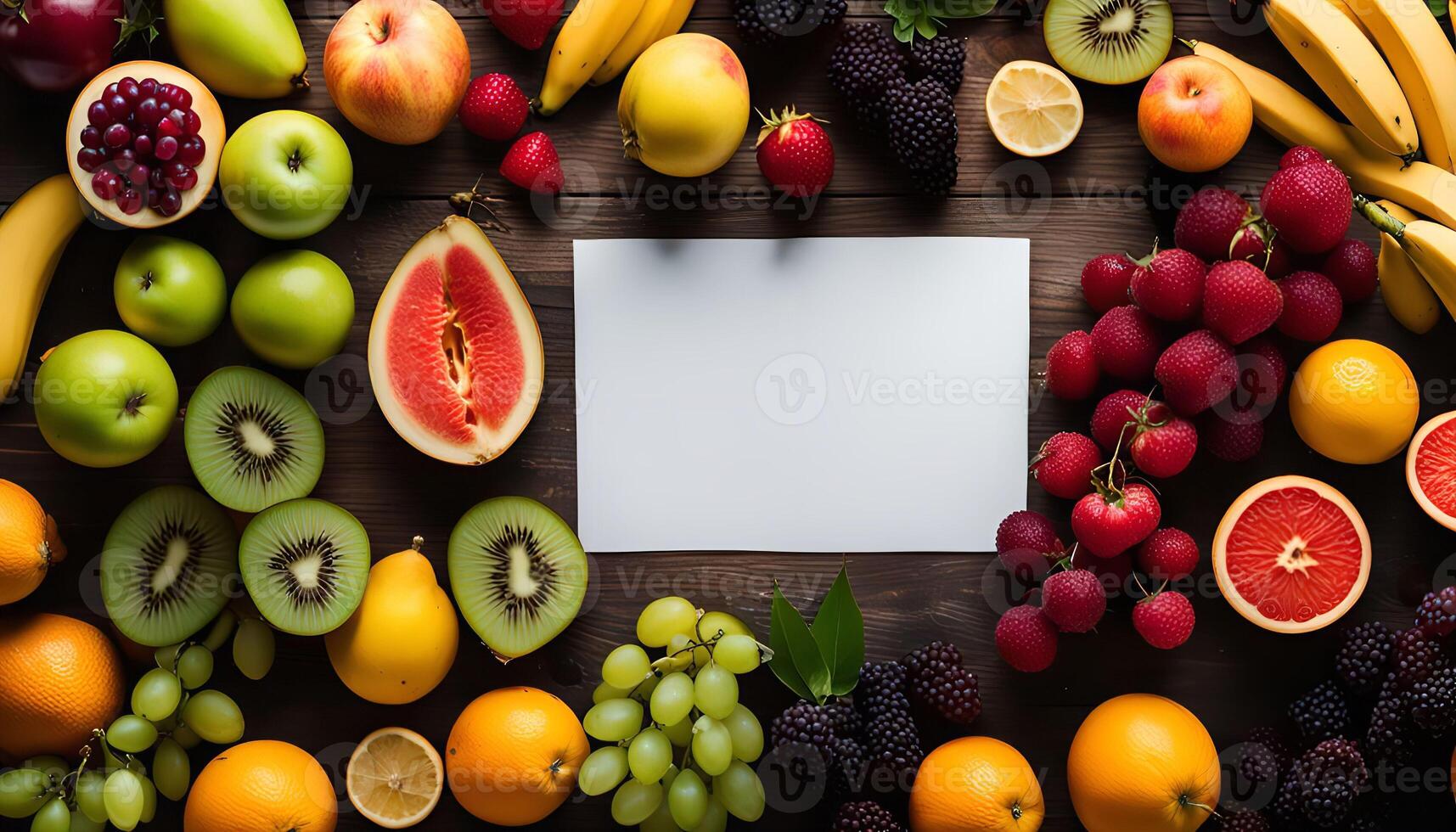 A Delicious Spread of Fresh Fruits, Featuring a White Card for Your Message photo