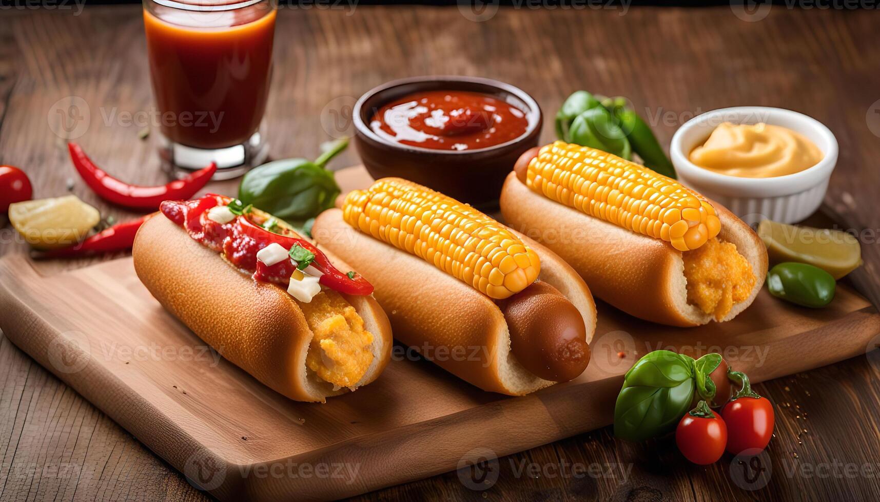 Three hot dogs on a wooden cutting board with various toppings and sauces, ready to eat photo