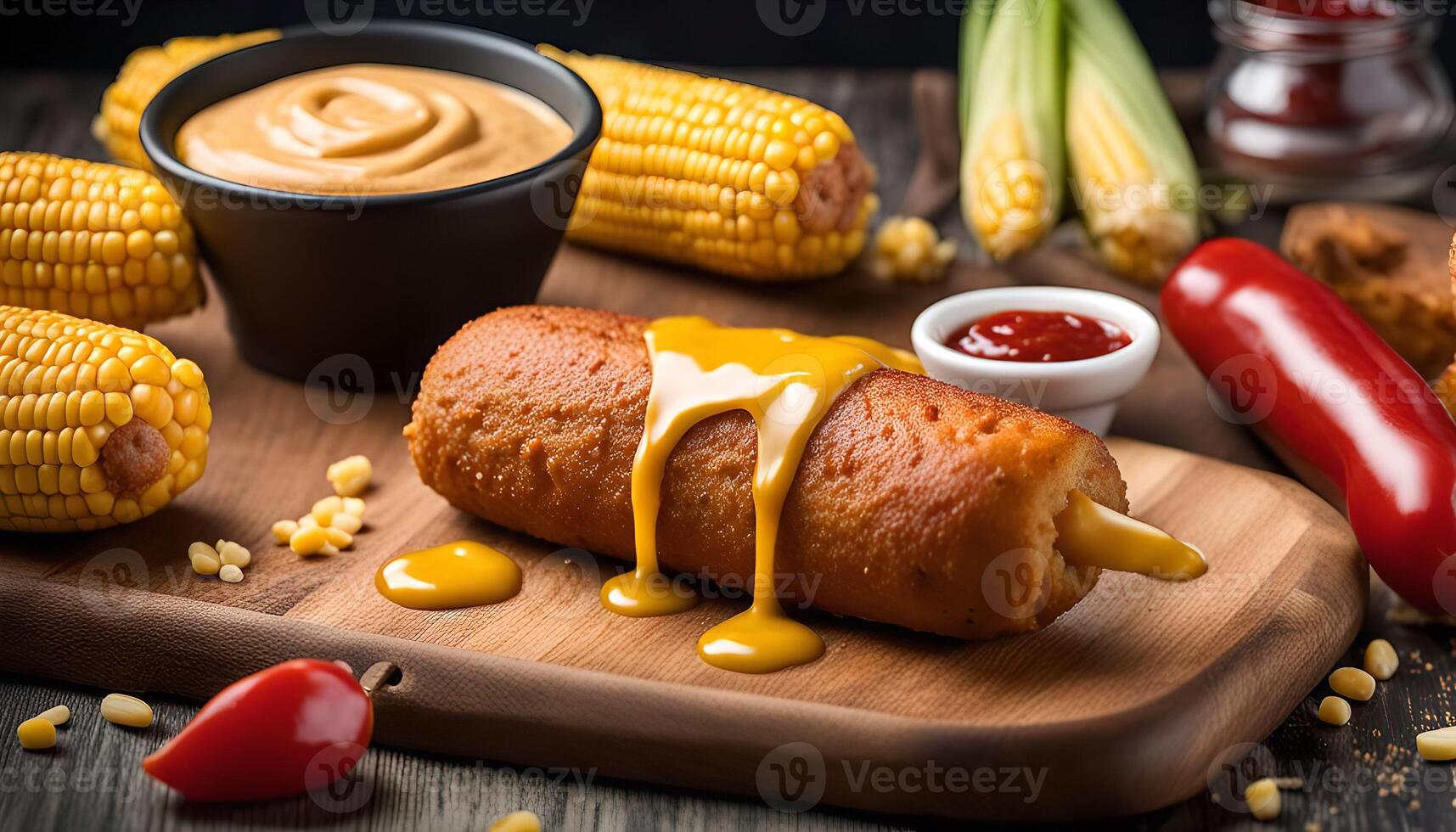 Corn Dog with Mustard and Chili Peppers photo