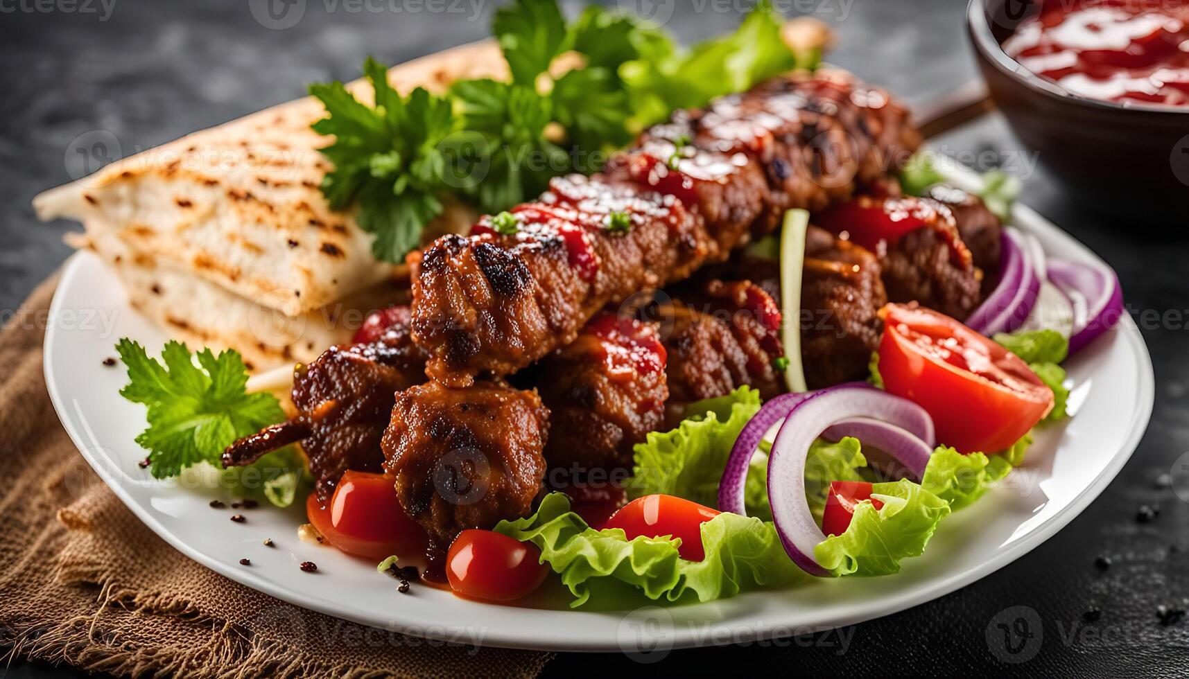 Grilled Meat Skewers with Salad and Flatbread photo