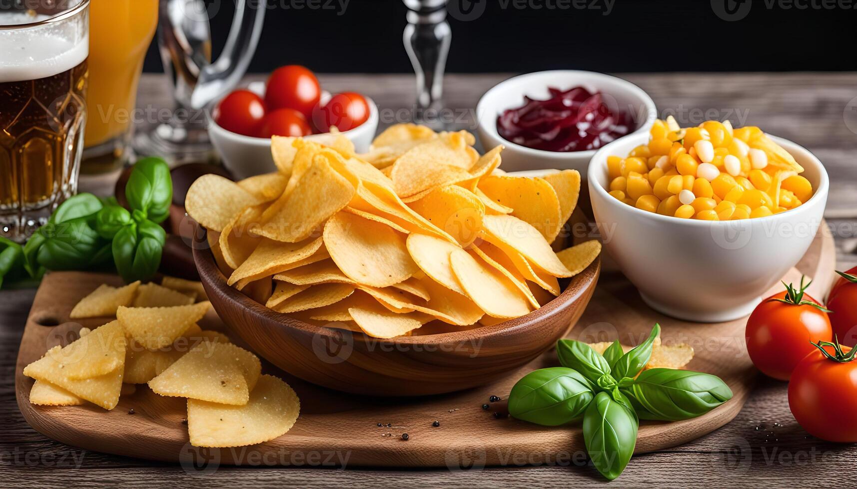 Close-up of Crispy Tortilla Chips with Corn and Tomatoes photo