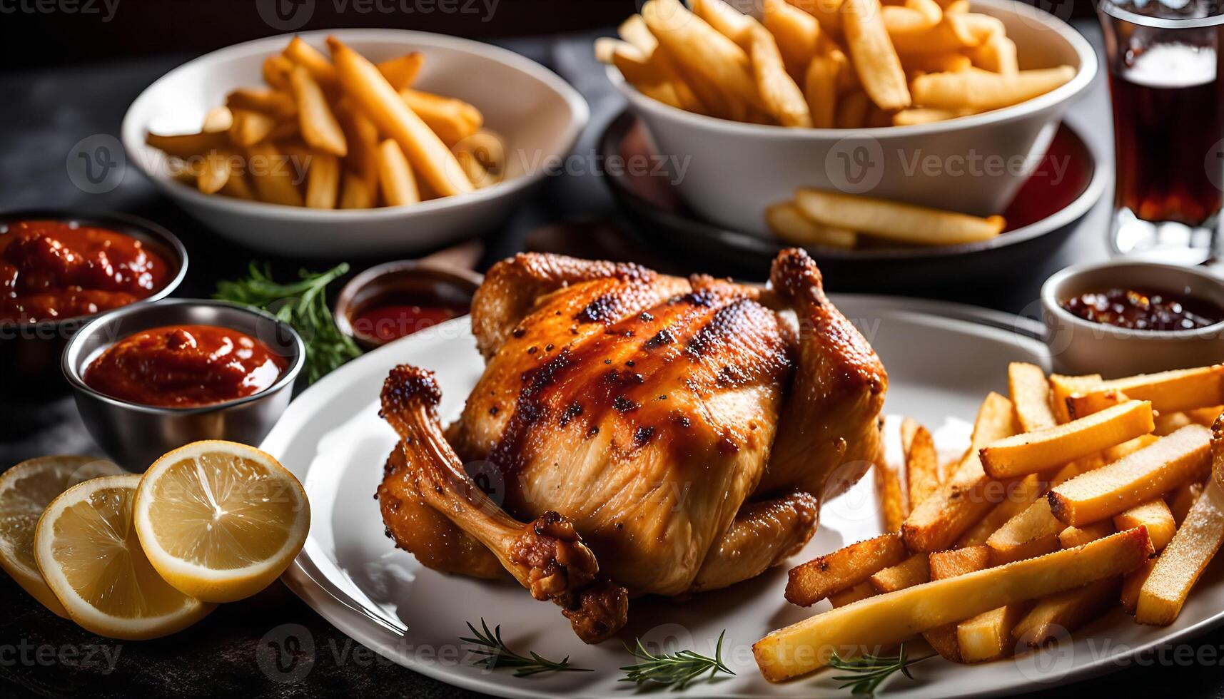 Roasted Chicken with French Fries and Dipping Sauces photo