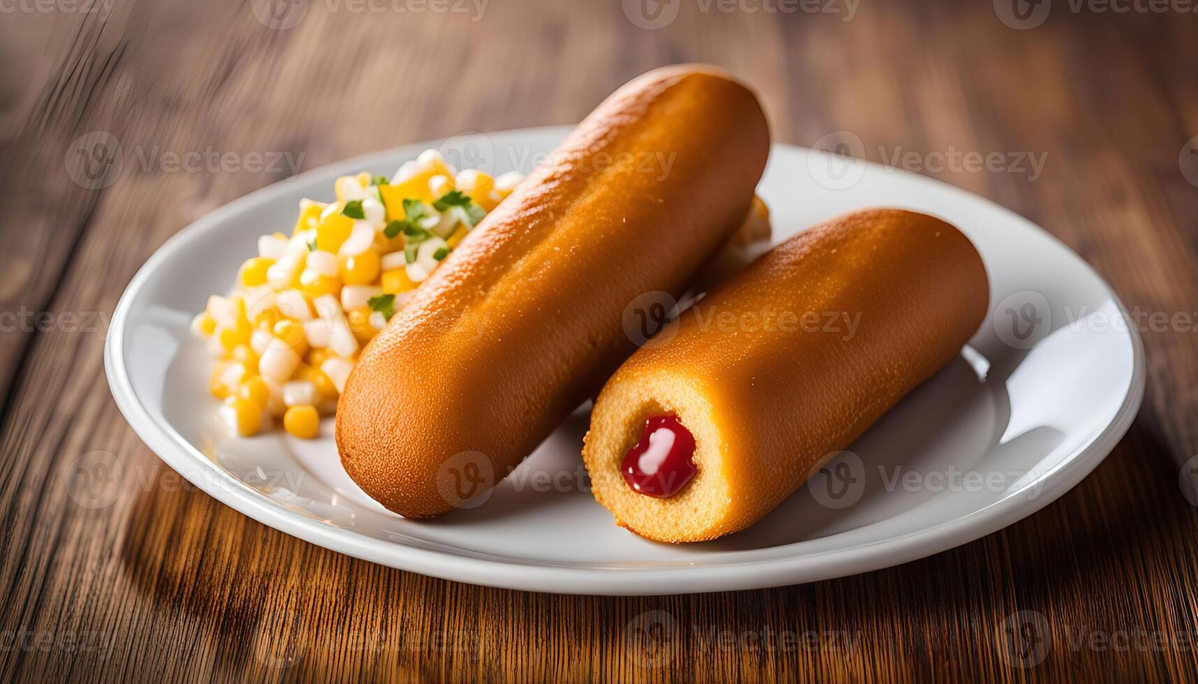Corn Dog with Corn and Parsley on a White Plate photo