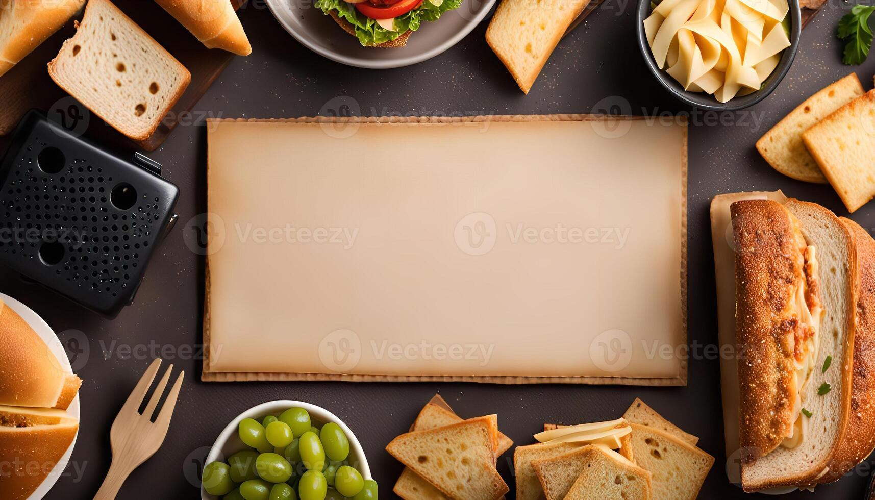 Top View of a Delicious Sandwich with Toasted Bread, Cheese, and Grapes photo