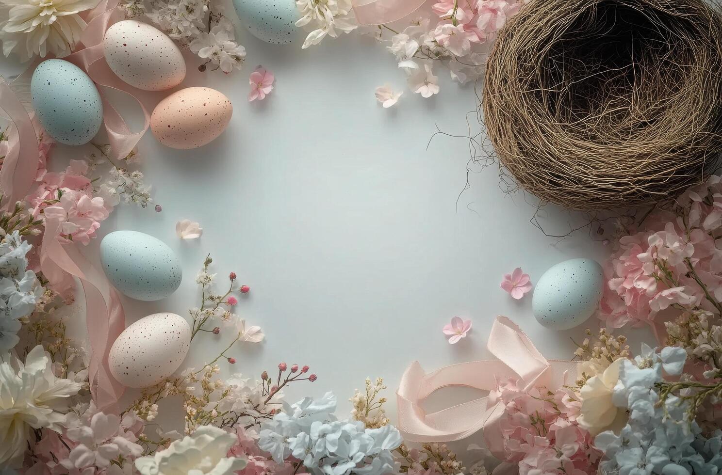 Decorative spring arrangement with pastel Easter eggs and flowers on a textured surface photo