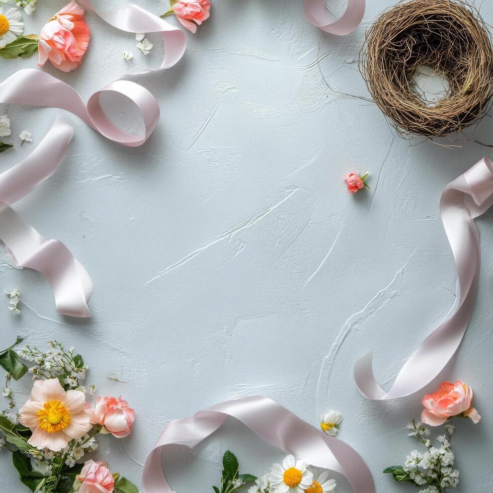 Elegant nest with flowers and egg arranged on a soft surface with ribbon accents photo