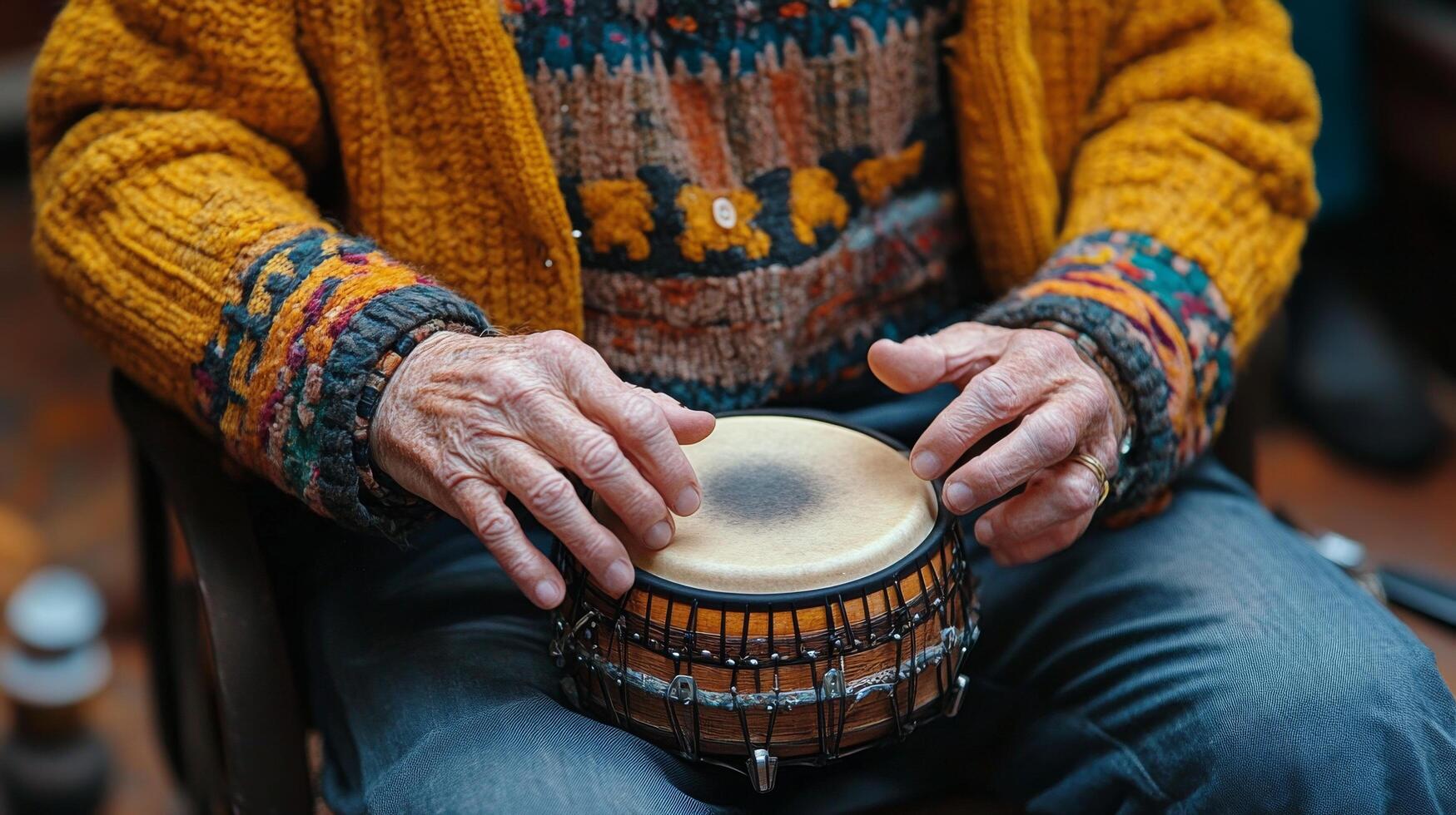 Elderly musician plays a small drum while showcasing traditional craftsmanship in a cozy setting photo