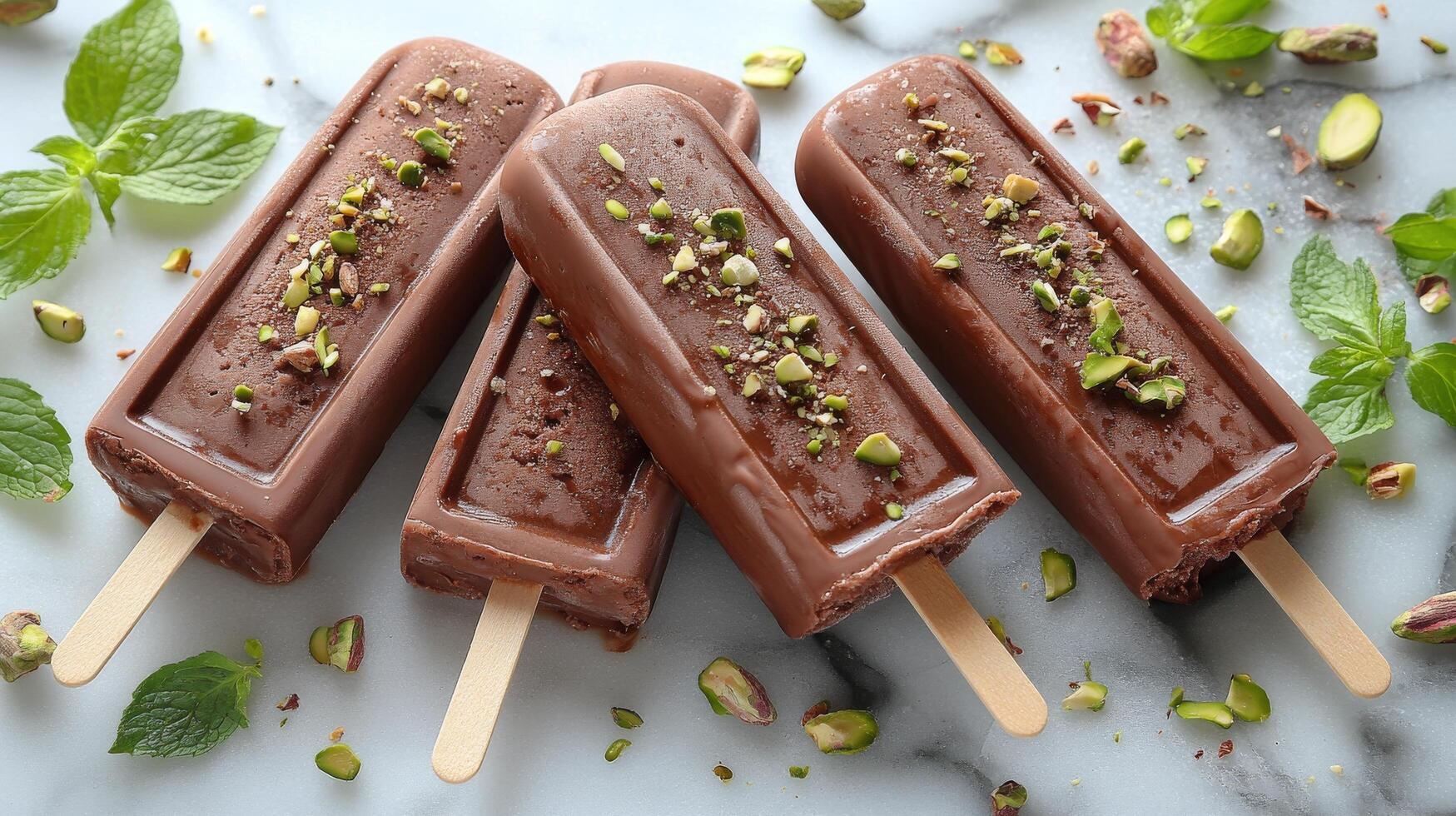Delicious chocolate popsicles topped with nuts and rose petals for a refreshing treat photo