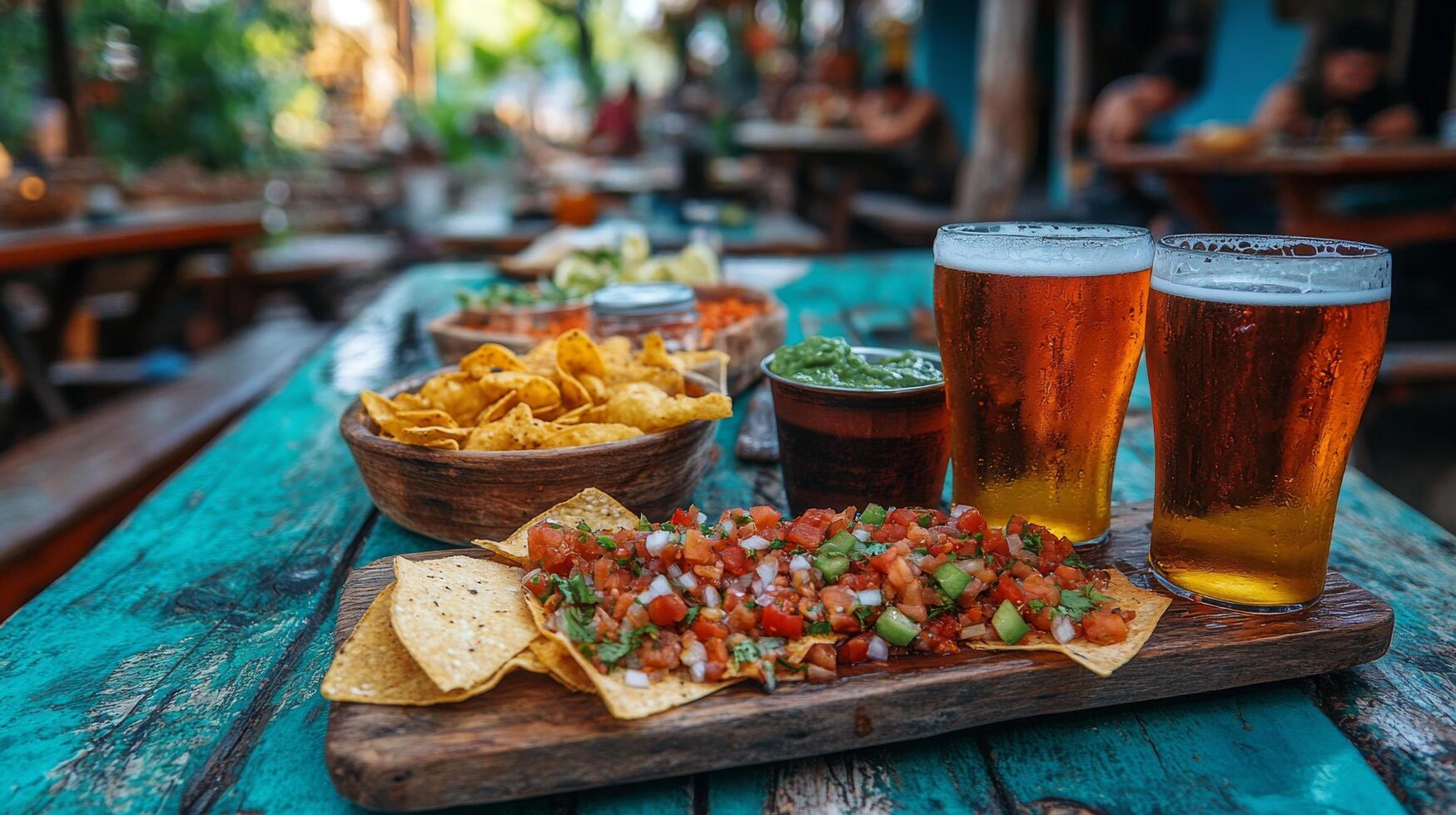 Delicious nachos and drinks served at a vibrant outdoor restaurant during sunset photo