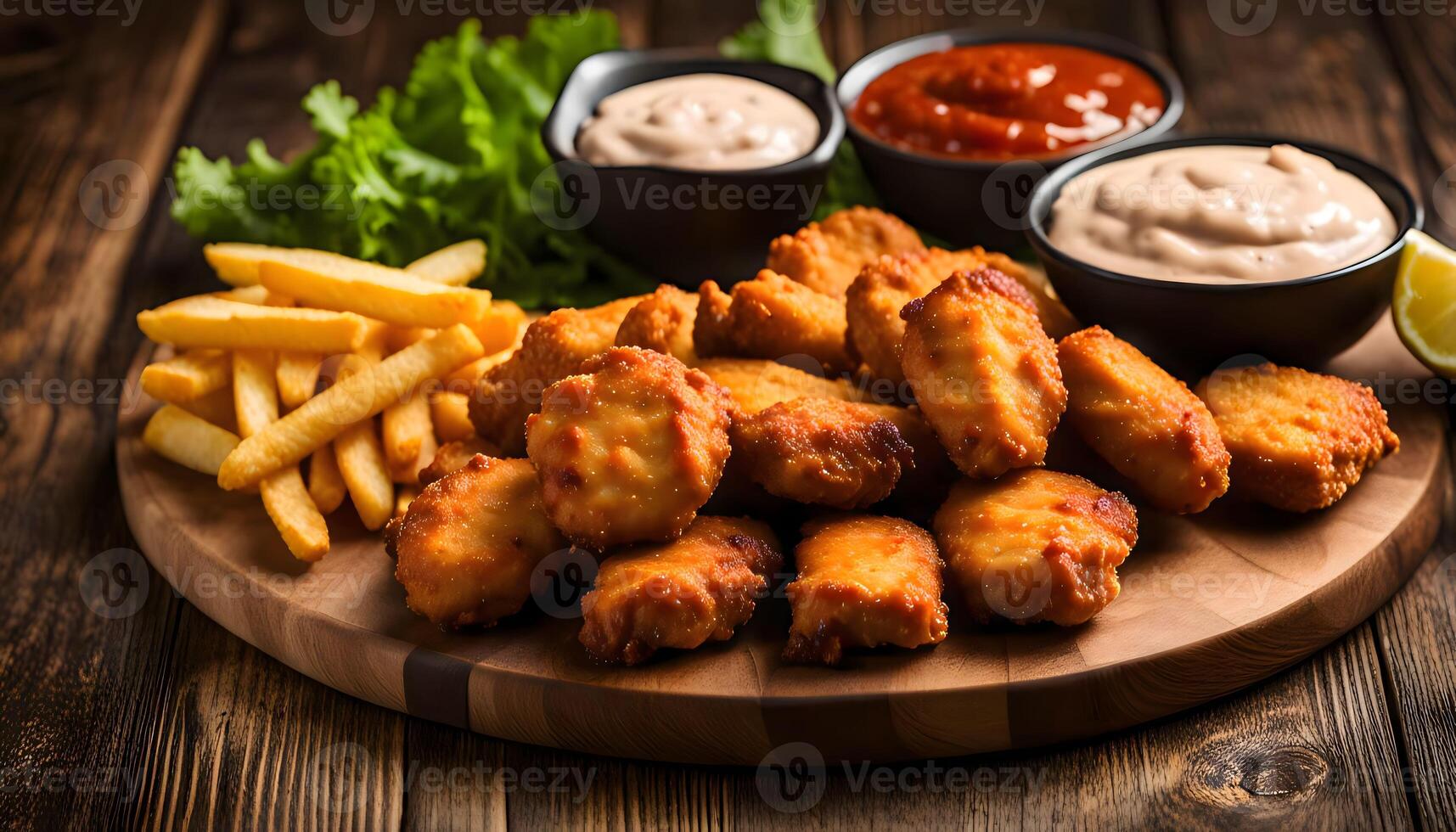 Chicken Nuggets with Fries and Dipping Sauces photo