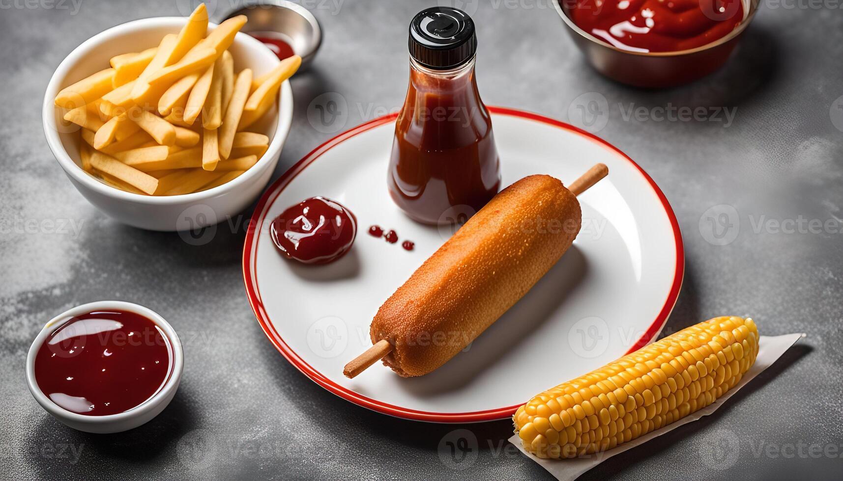 Delicious Corn Dog with Fries and Ketchup photo