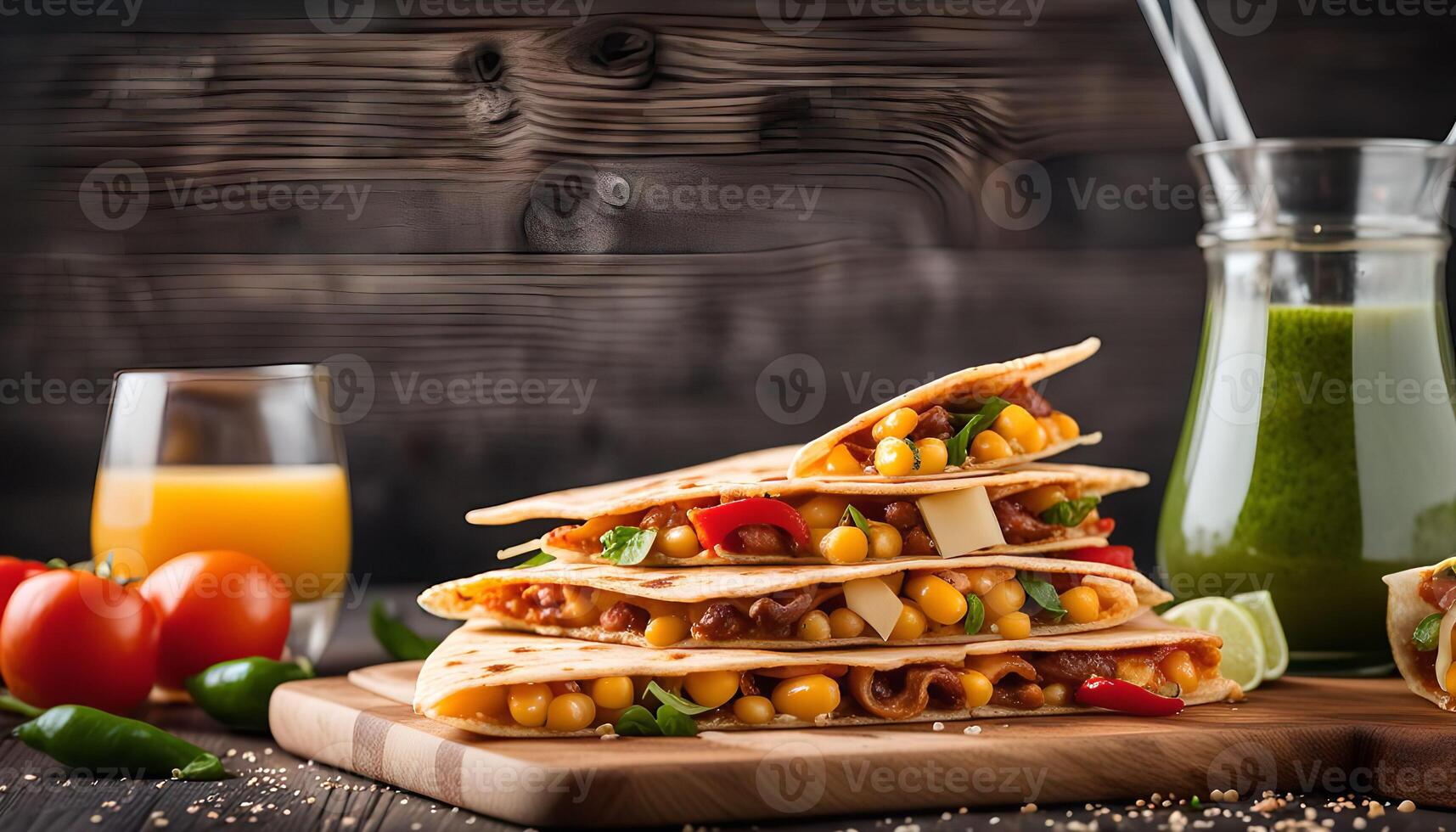 Delicious Stack of Quesadillas with a Side of Juice photo