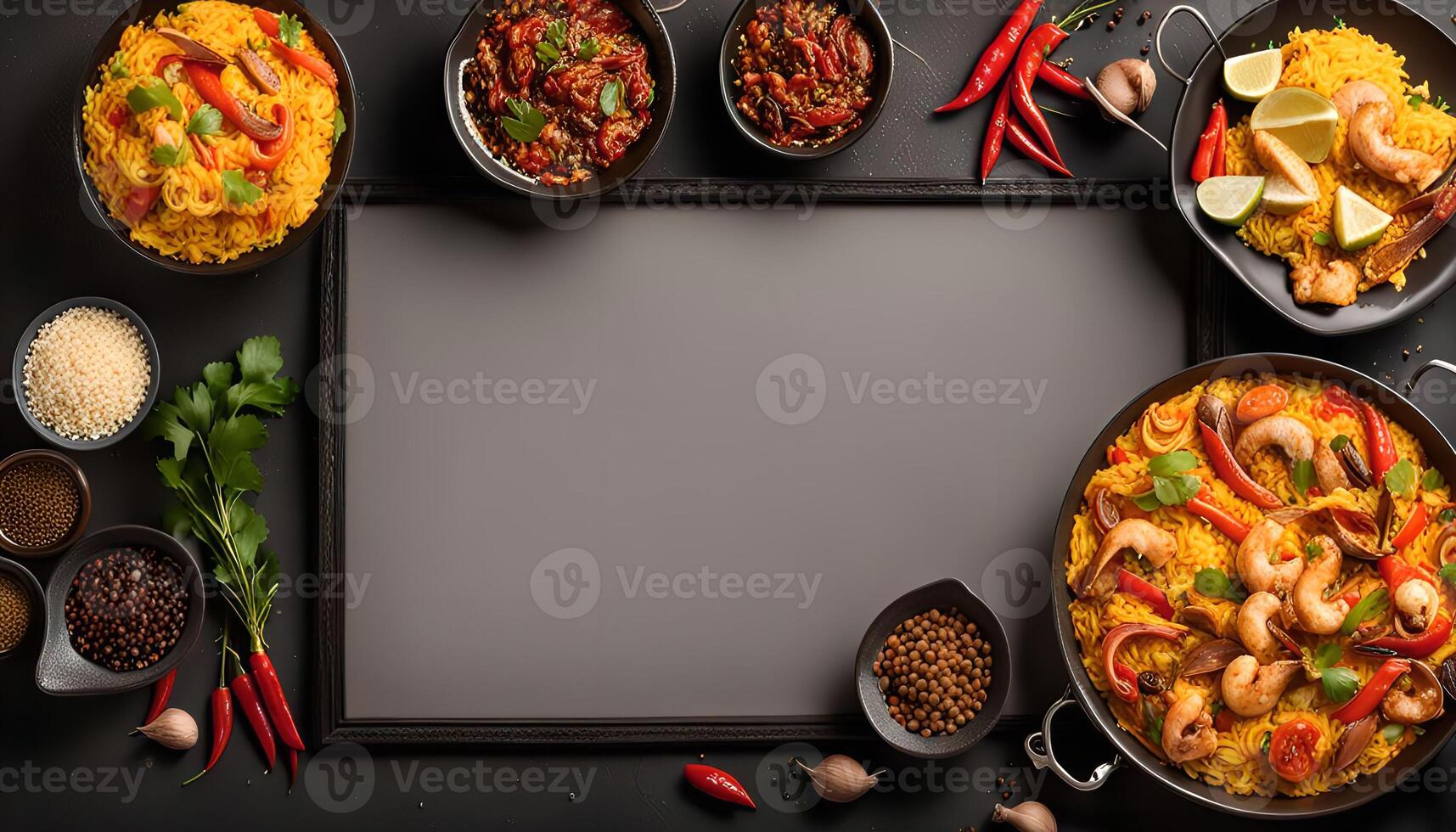 Overhead View of a Delicious Paella with Spices photo