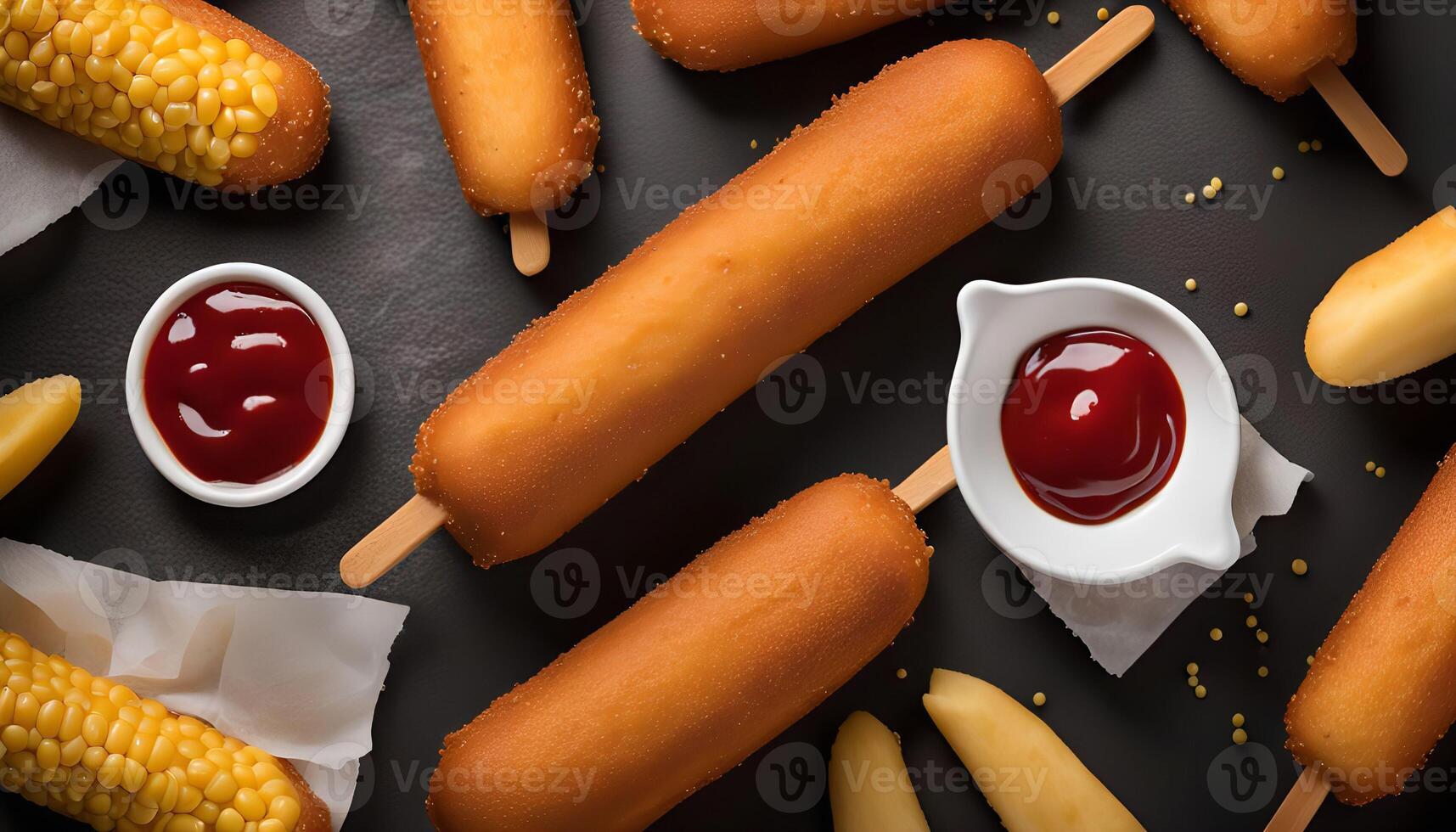 Corn Dogs with Ketchup and Corn on the Cob photo