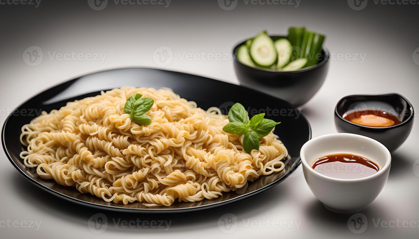 A Plate of Noodles with Sauce and Cucumber photo