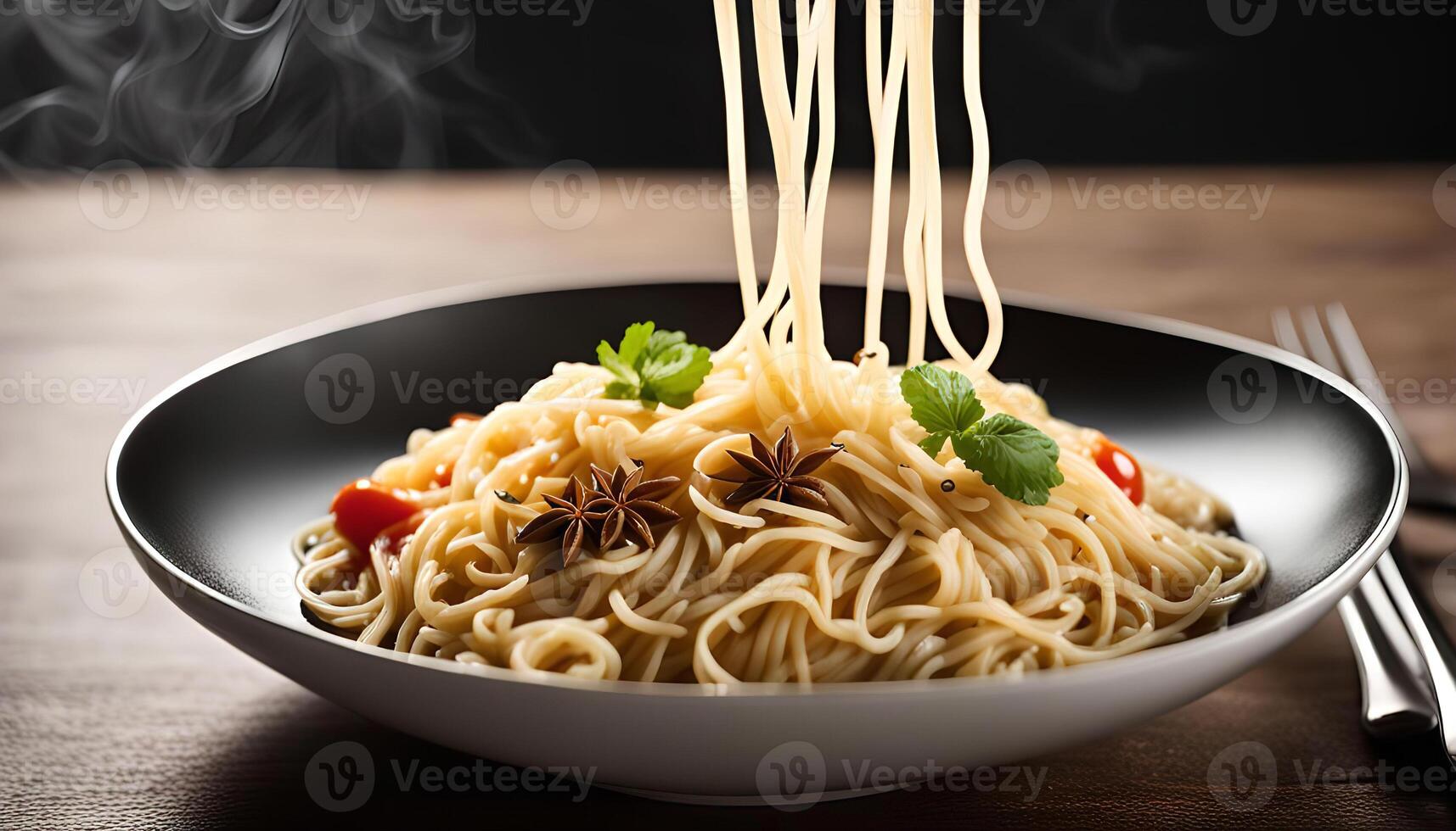 Steaming Plate of Noodles with Star Anise and Herbs photo