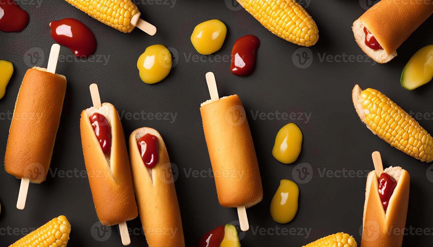 Corn Dogs and Corn on the Cob with Ketchup and Mustard photo