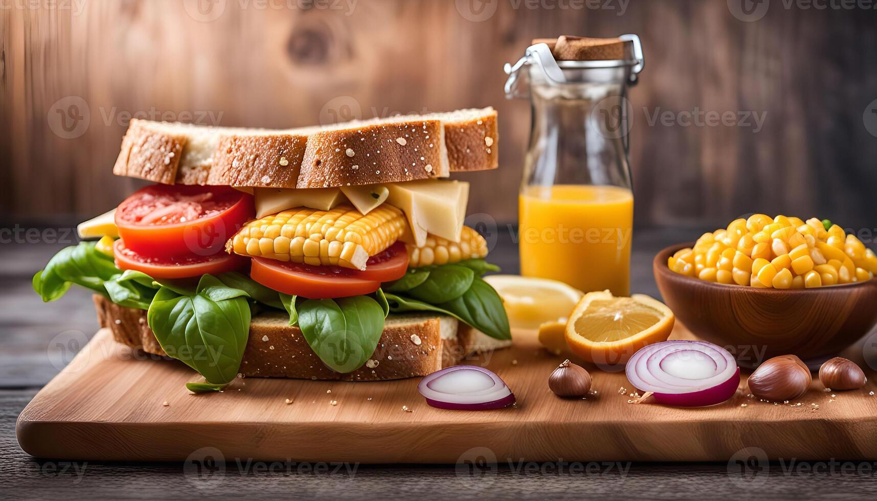 Freshly Made Sandwich With Corn and Tomato on a Wooden Board photo