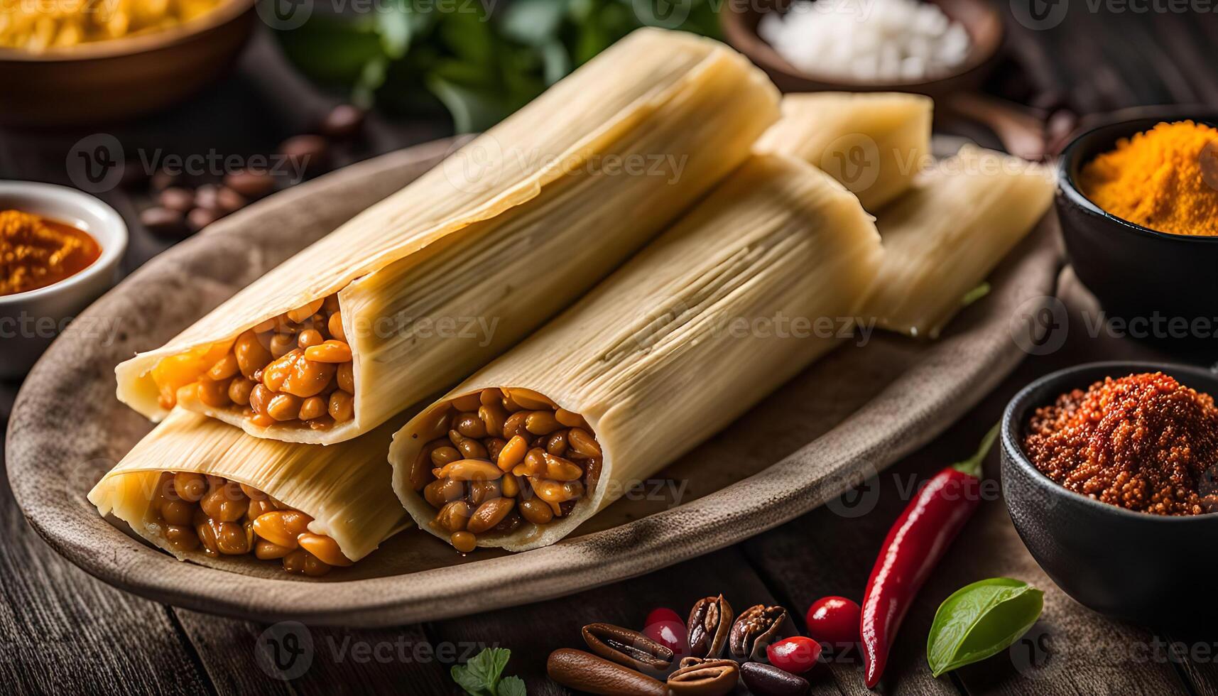 Delicious Tamales Wrapped in Corn Husks on Wooden Table photo