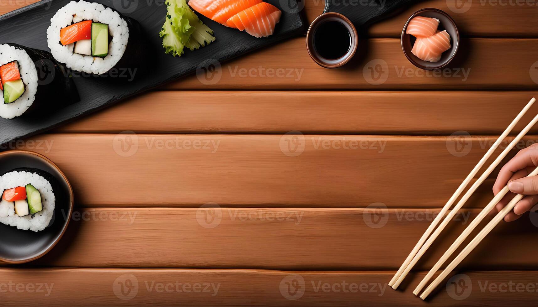 Sushi rolls on wooden background with chopsticks photo