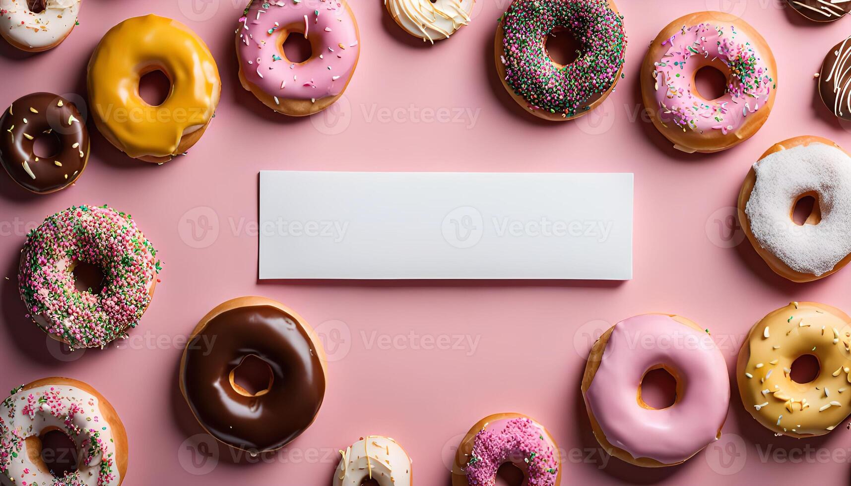 A Colorful Array of Donuts on a Pink Background with a Blank White Rectangle in the Center photo