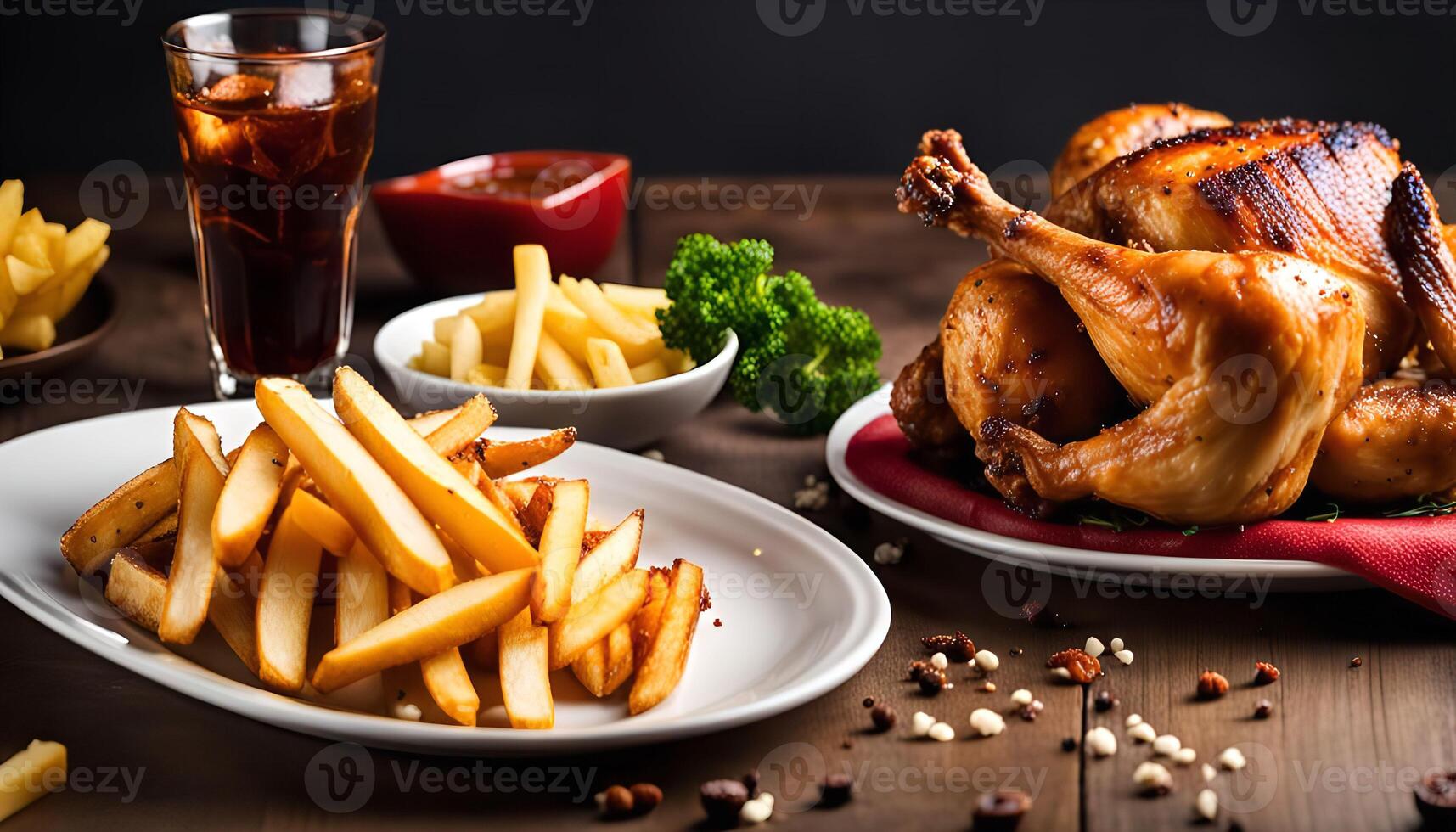 Roasted Chicken with Crispy French Fries and a Side of Cola photo