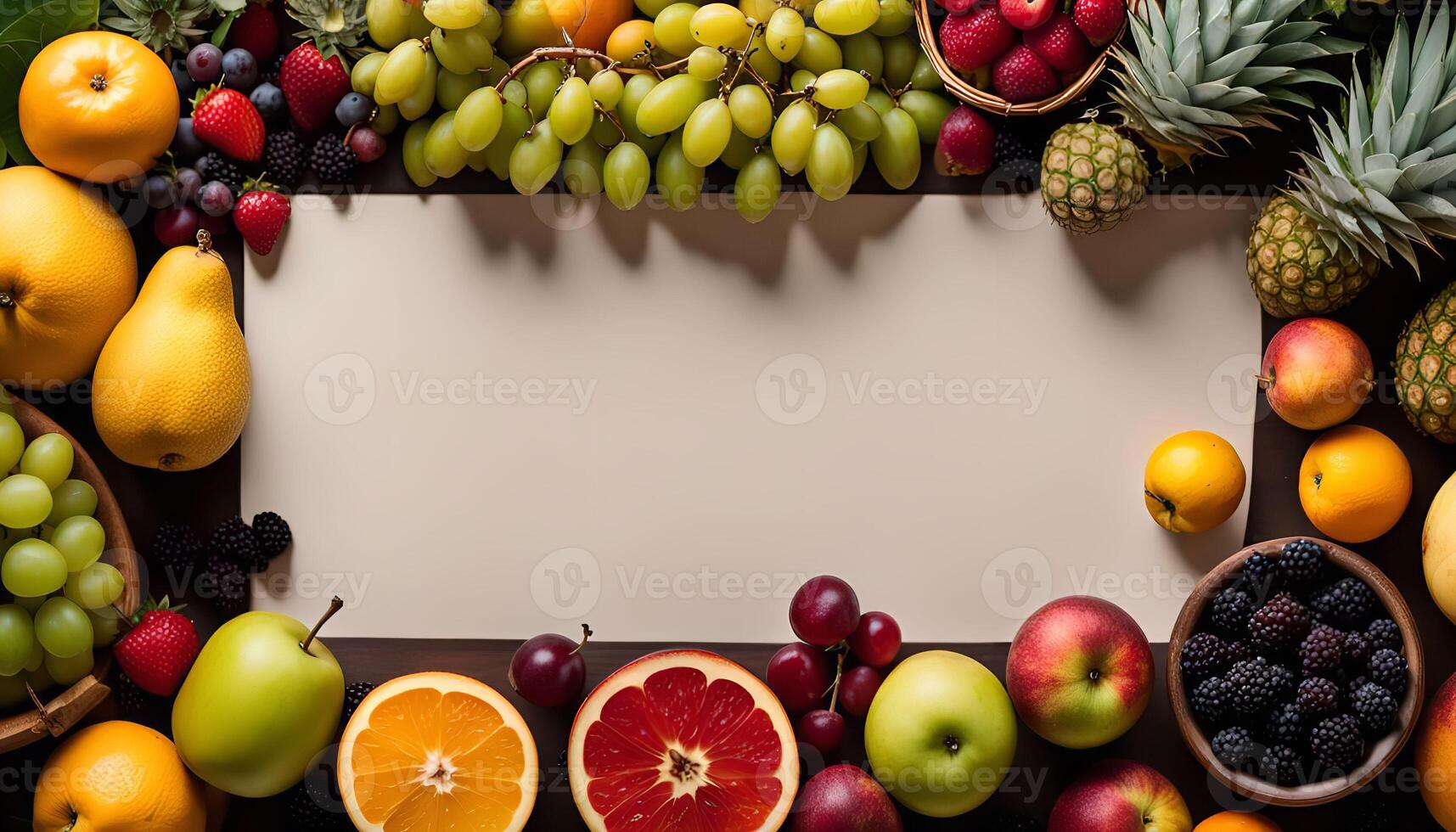 Fresh Fruits Border on Wooden Background photo