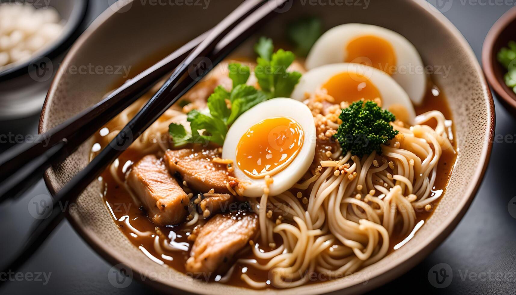 Japanese Ramen Noodle Soup with Egg and Pork photo