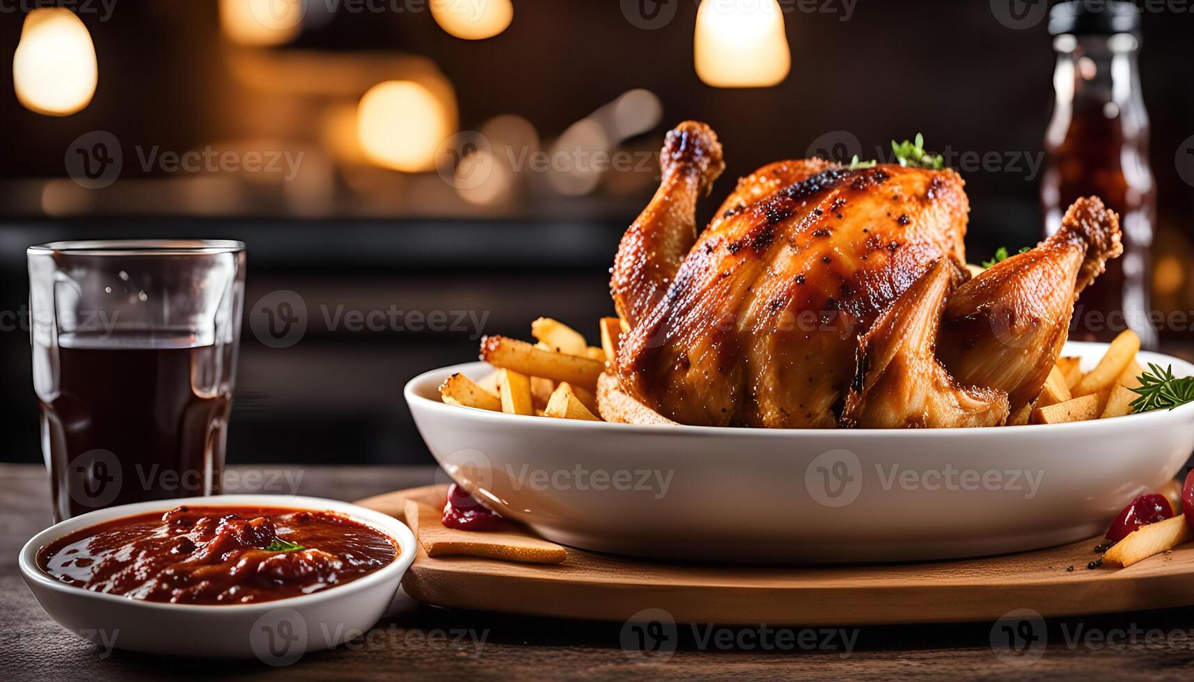 Roasted Chicken with French Fries and Sauce photo