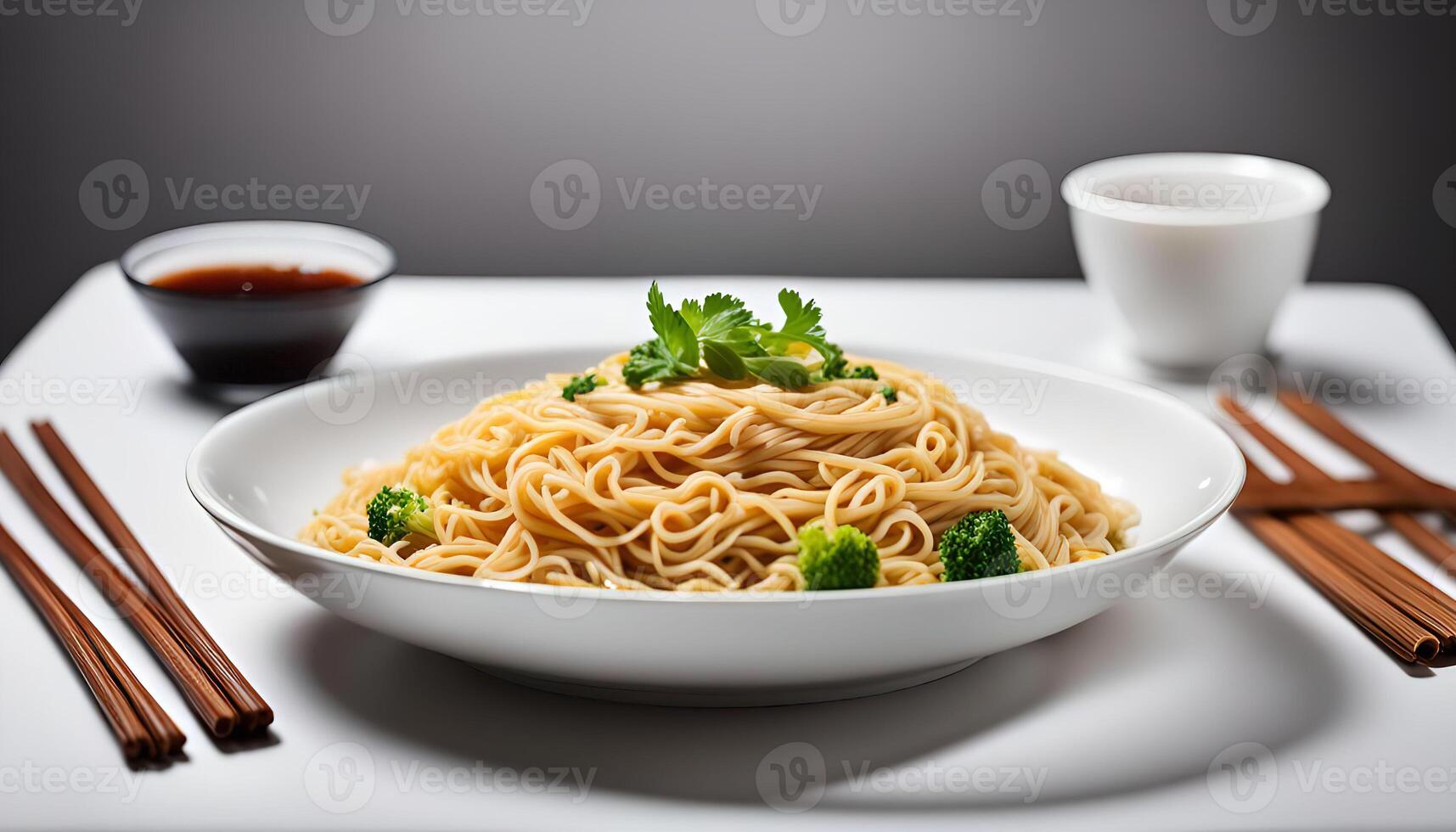 Delicious Noodles and Broccoli in White Plate photo