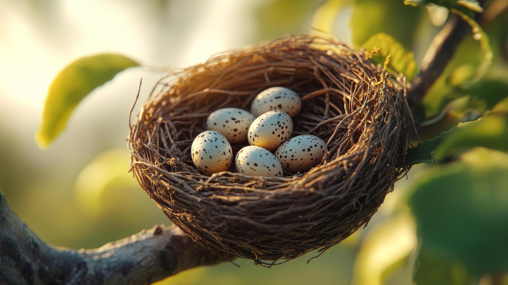 Nest with speckled eggs resting on a mossy tree branch in a serene natural setting photo