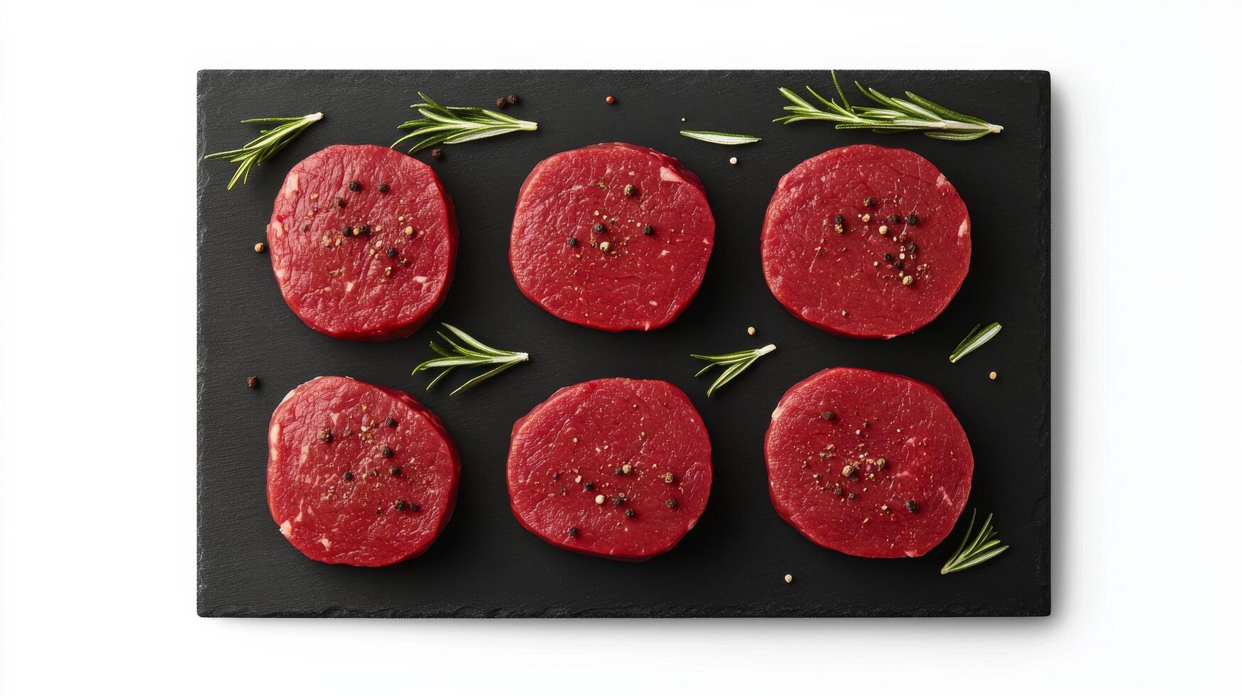 Fresh cuts of beef steaks garnished with rosemary on a dark wooden surface photo