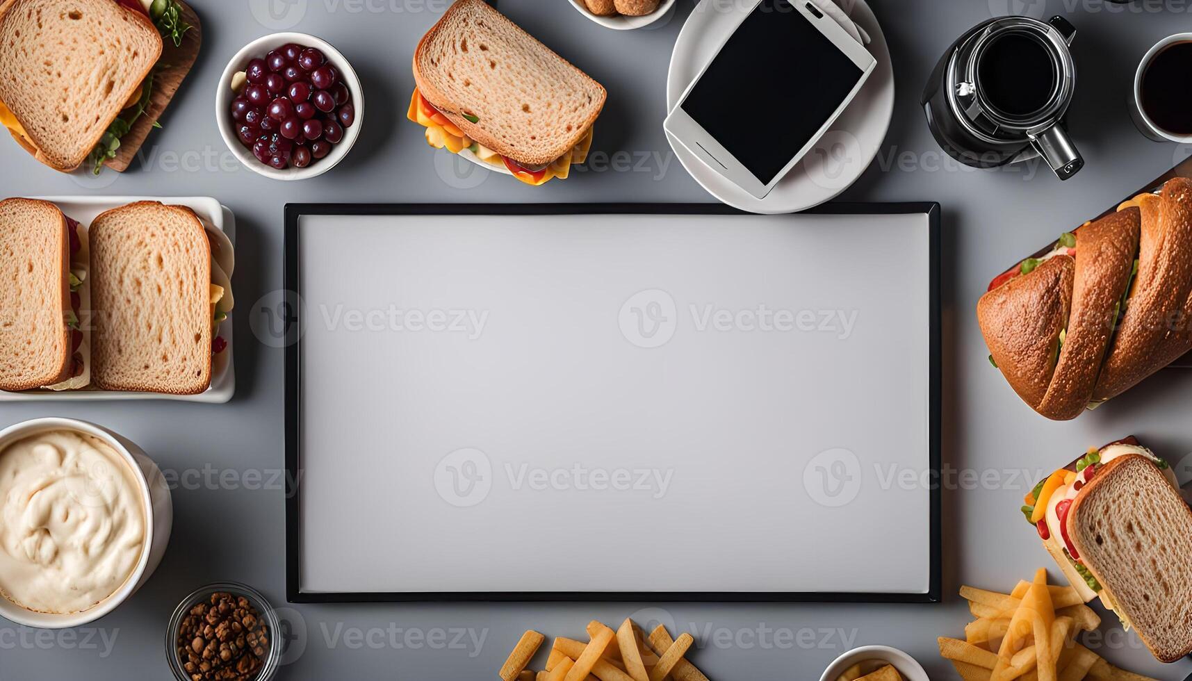 Food and Drink Flat Lay with Blank Frame photo