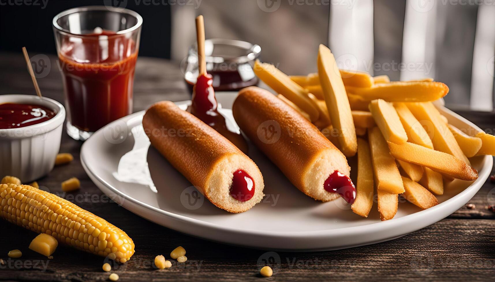 Delicious Corn Dog with French Fries and Ketchup photo