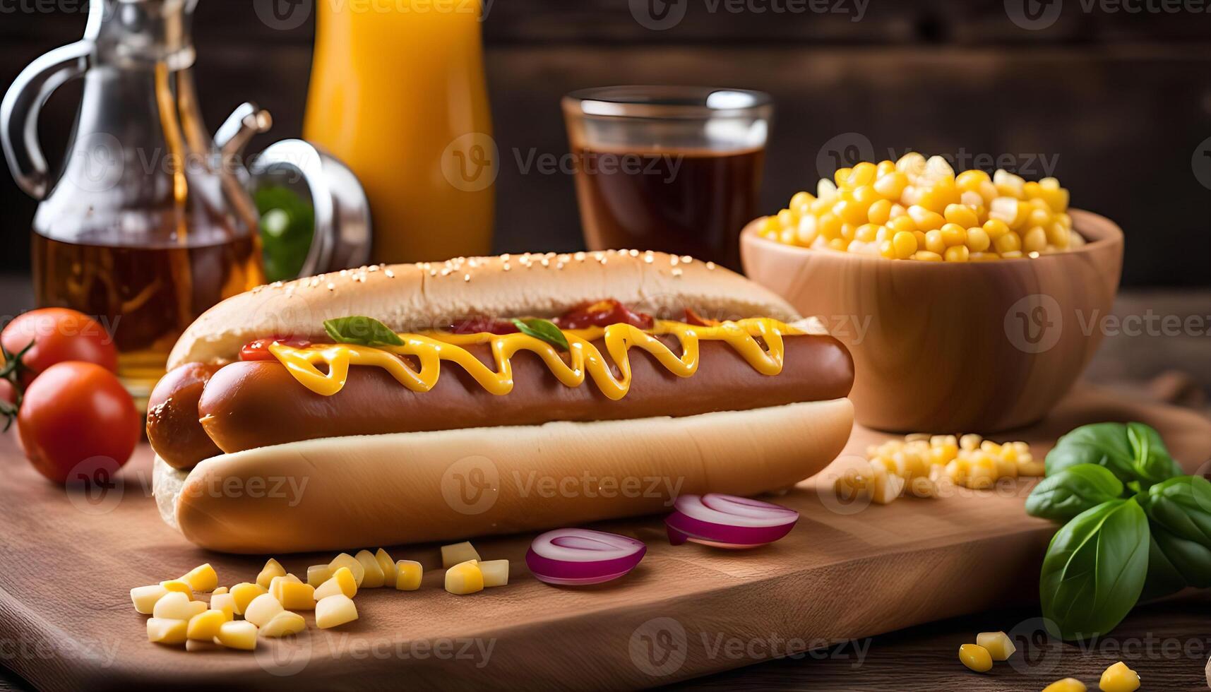 Hot Dog with Mustard, Ketchup and Onion photo