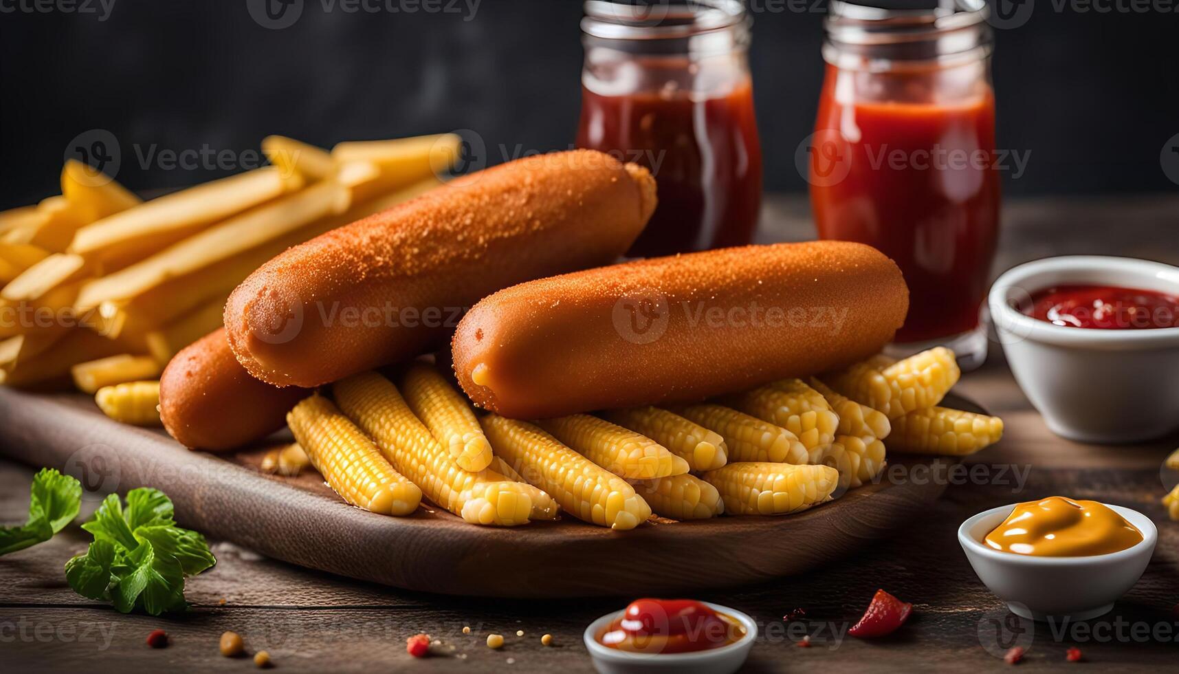 Corn Dogs, French Fries and Ketchup - A Delicious American Snack photo