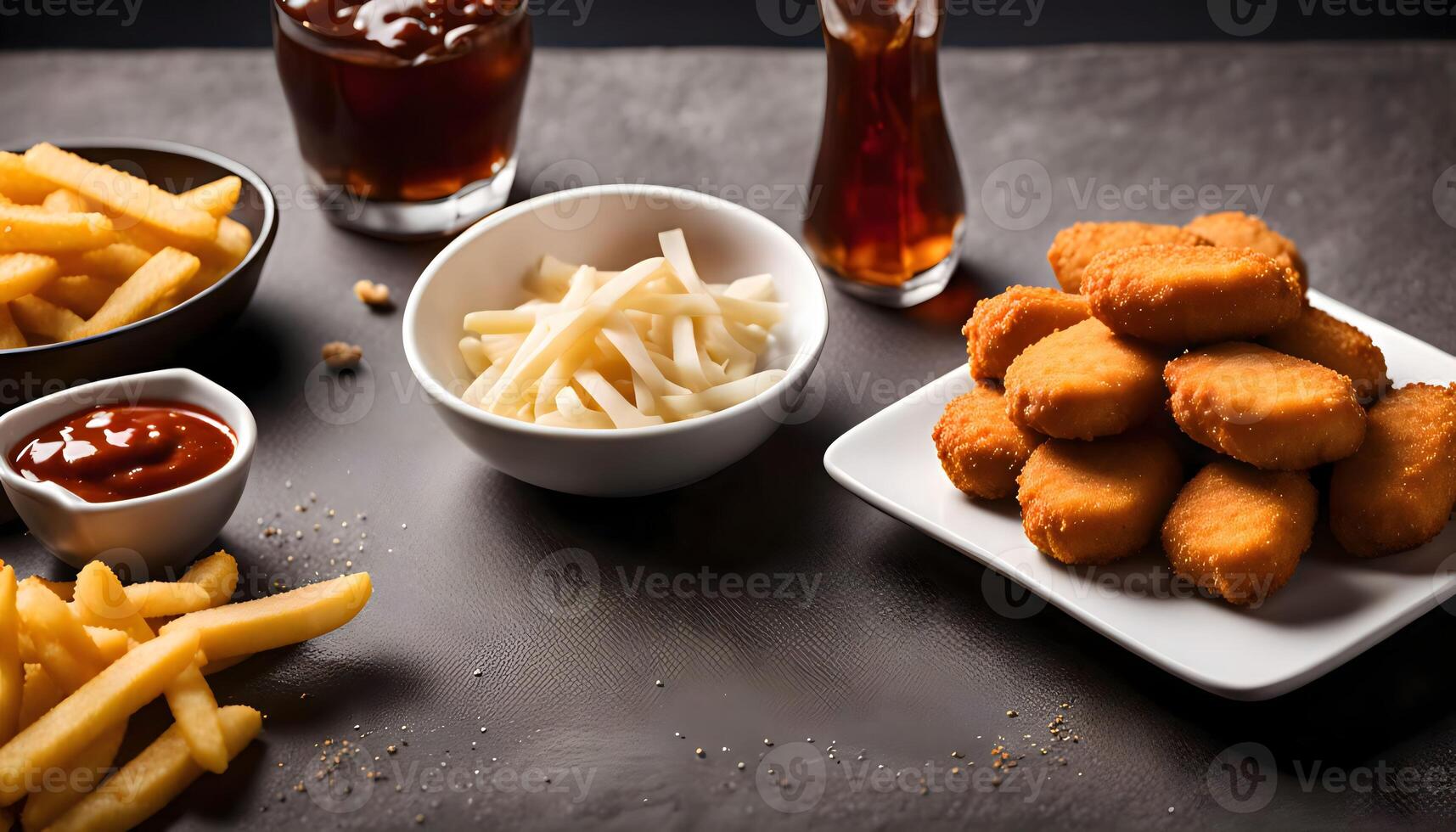 Closeup of a Plate of Crispy Chicken Nuggets, French Fries, and Sauces photo