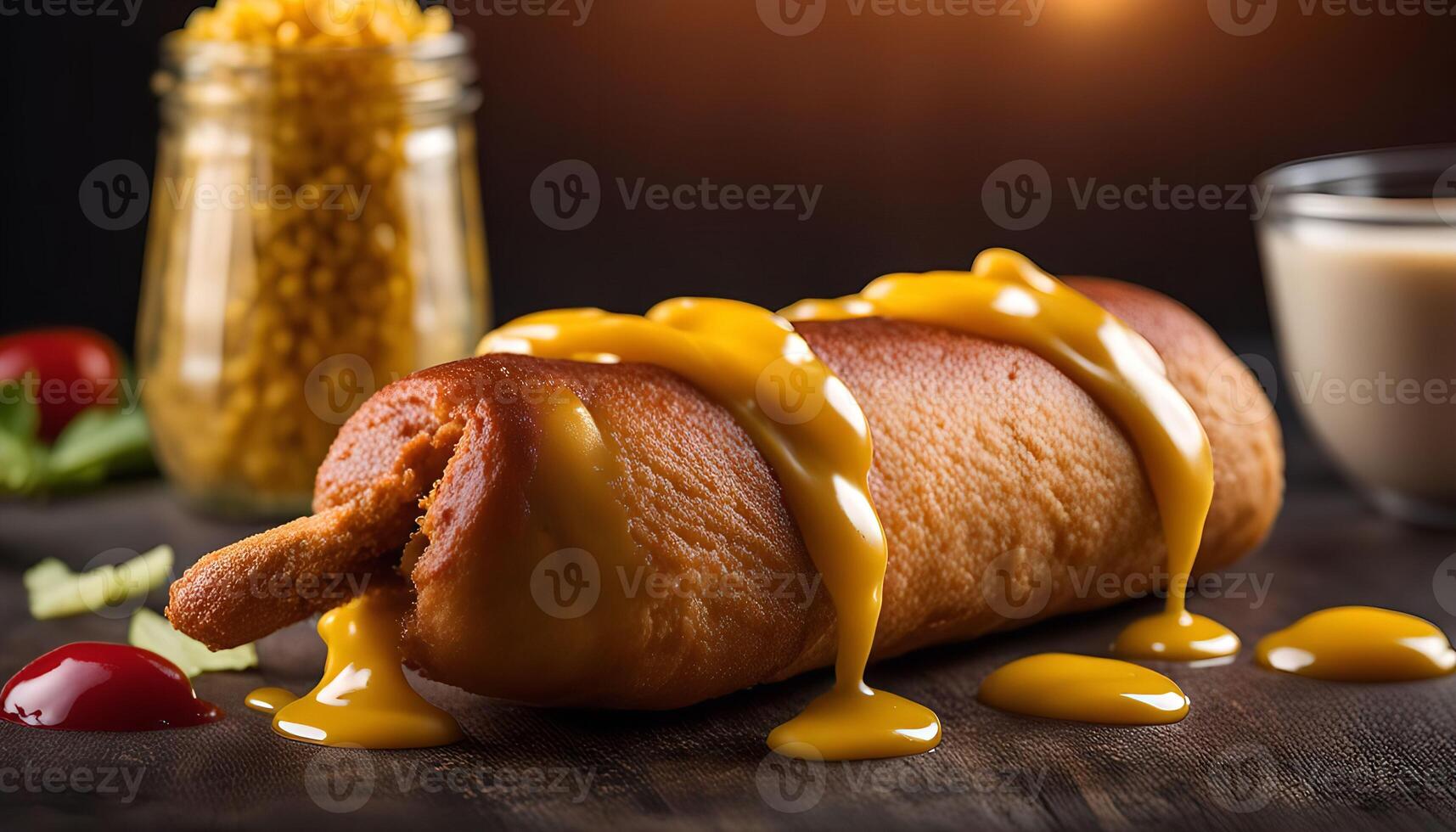 Close Up of a Deep-Fried Corn Dog Covered in Yellow Sauce photo