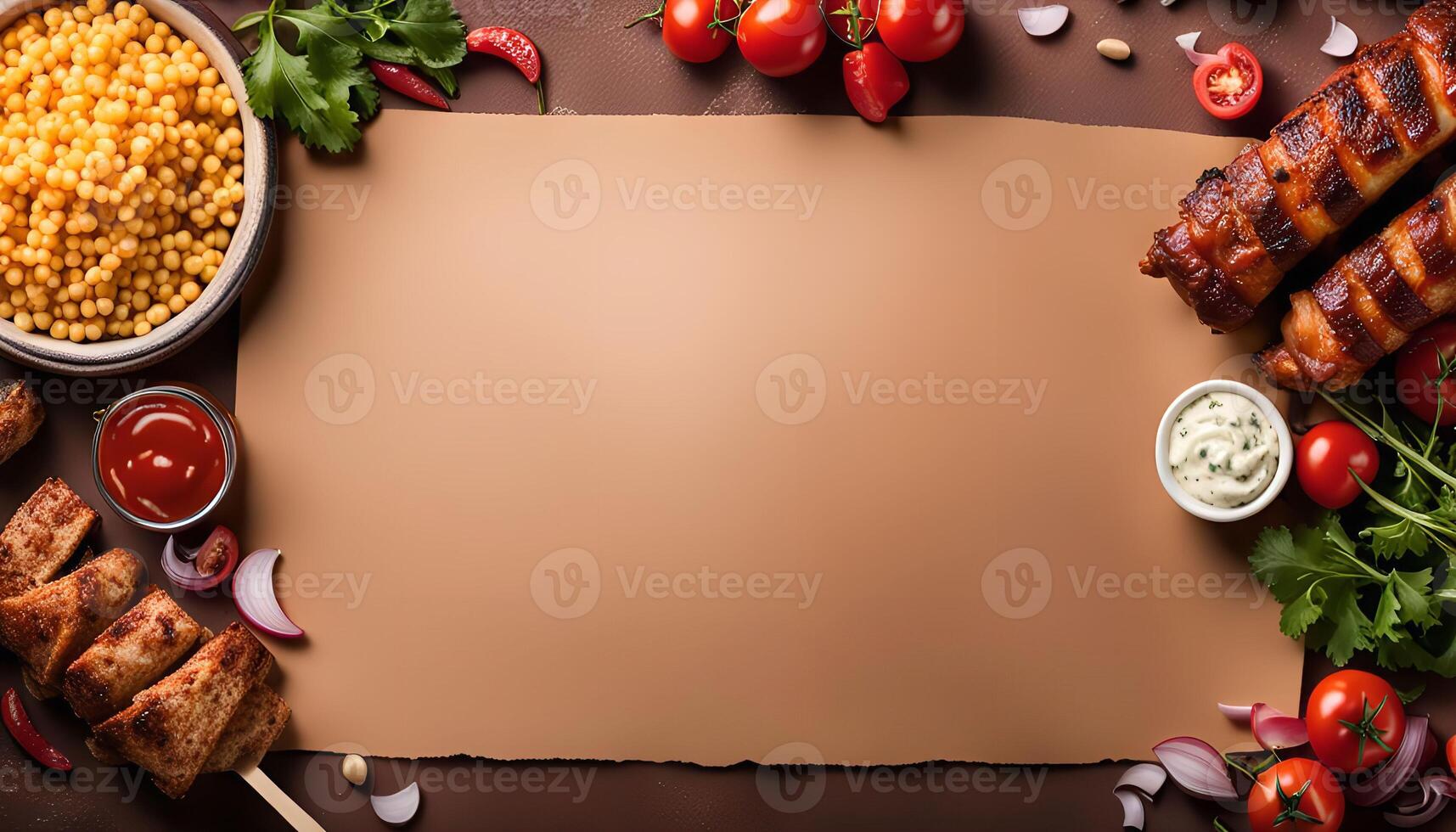 Delicious Grilled Meat Skewers with Side Dishes on Brown Background photo