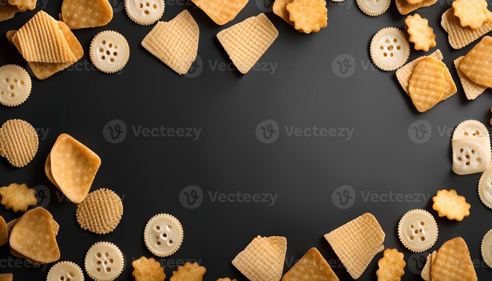 Crispy Snacks Arranged in a Frame on Black Background photo