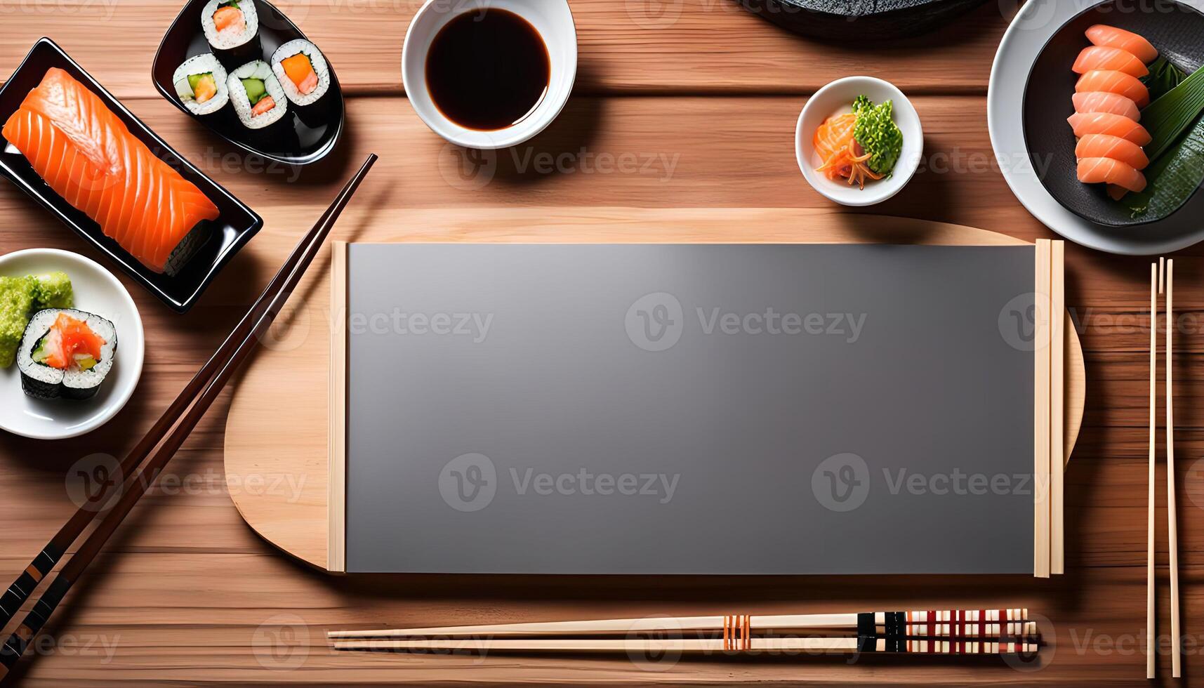 Sushi Menu Background, Delicious Food and Empty Space for Text photo